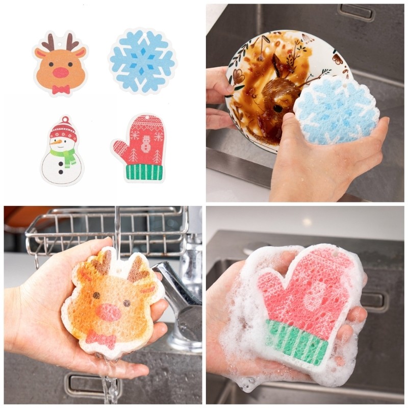 Pack Of 4 Christmas Theme Kitchen Sponges No Scratch Dish Cleaning Essential