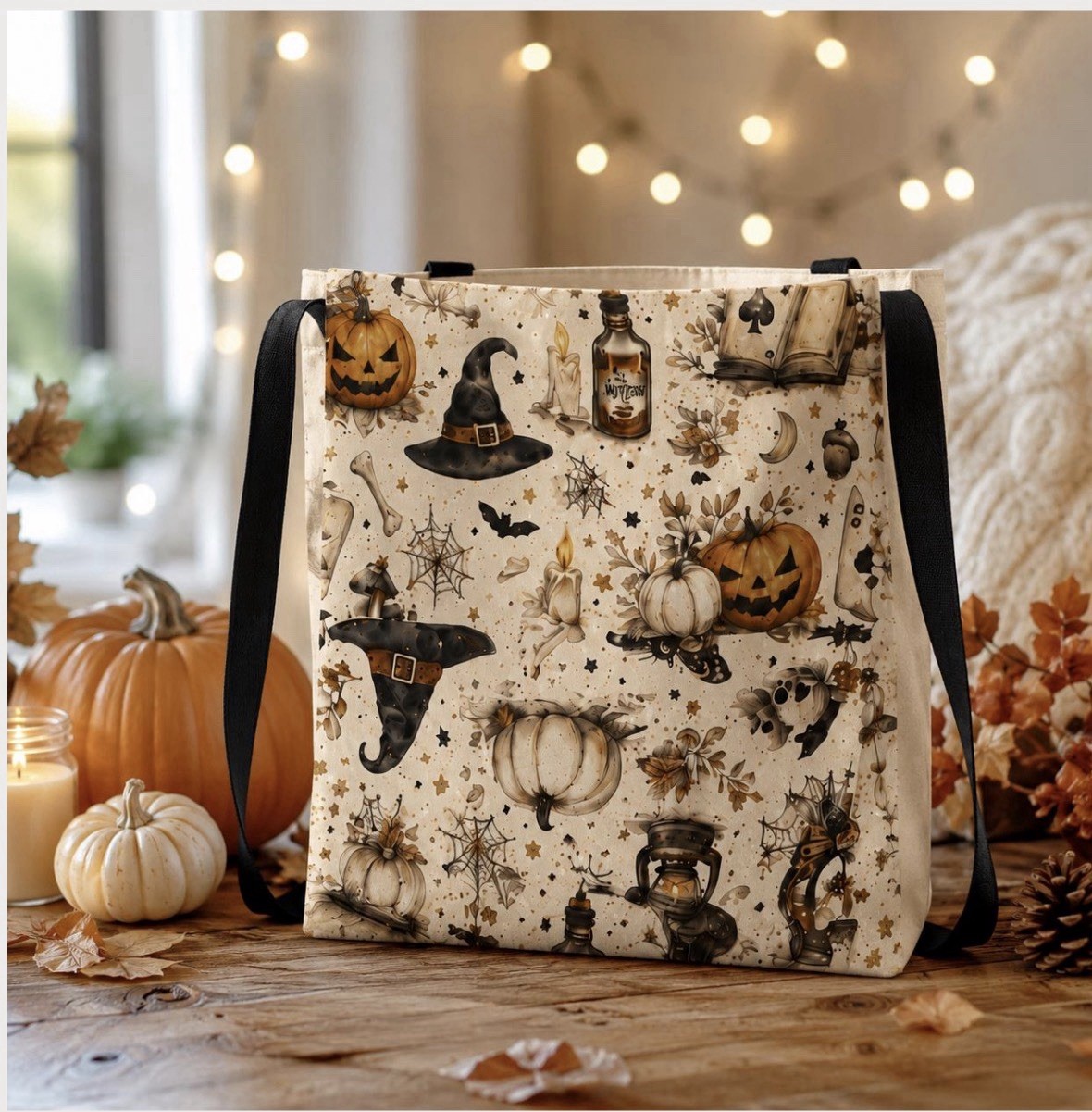 Halloween Print Canvas Tote Bag Beige/Black/Orange 14x14x16 in New