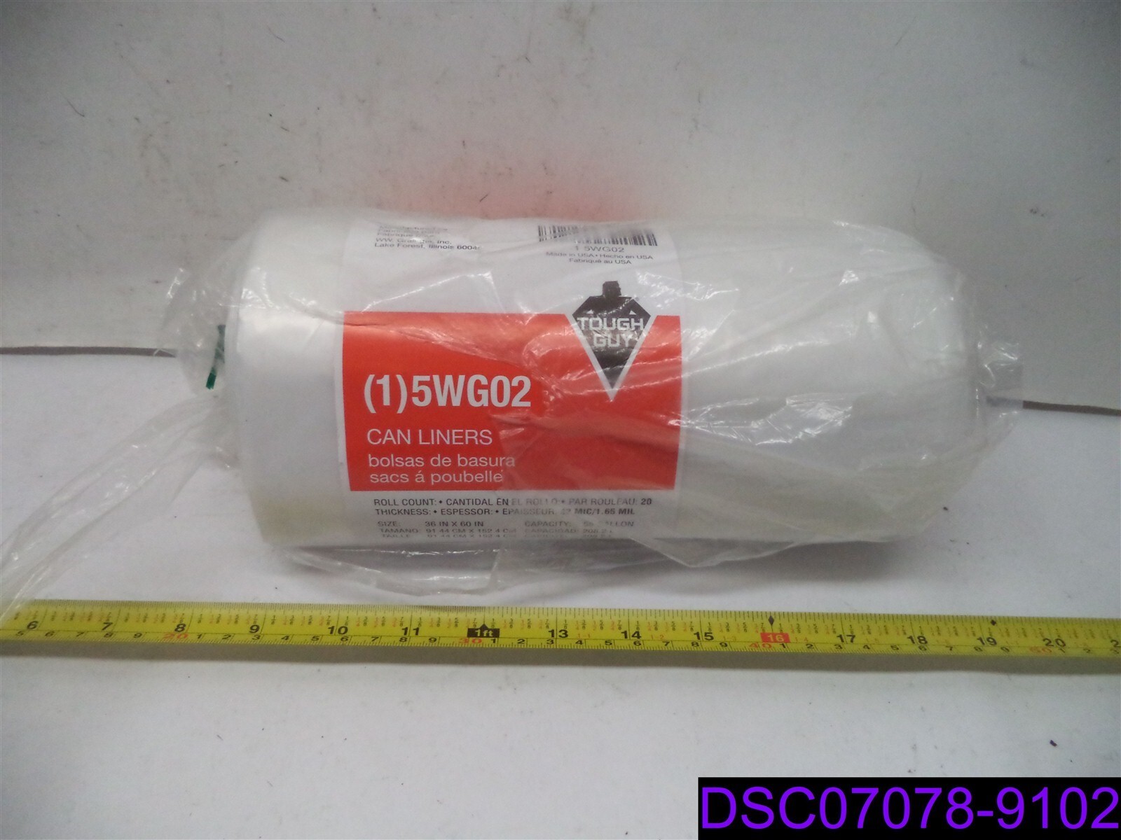 Qty = 1 Roll of 20: Tough Guy Trash Bags 55 Gallon, 1.65 Mil P/N 5WG02