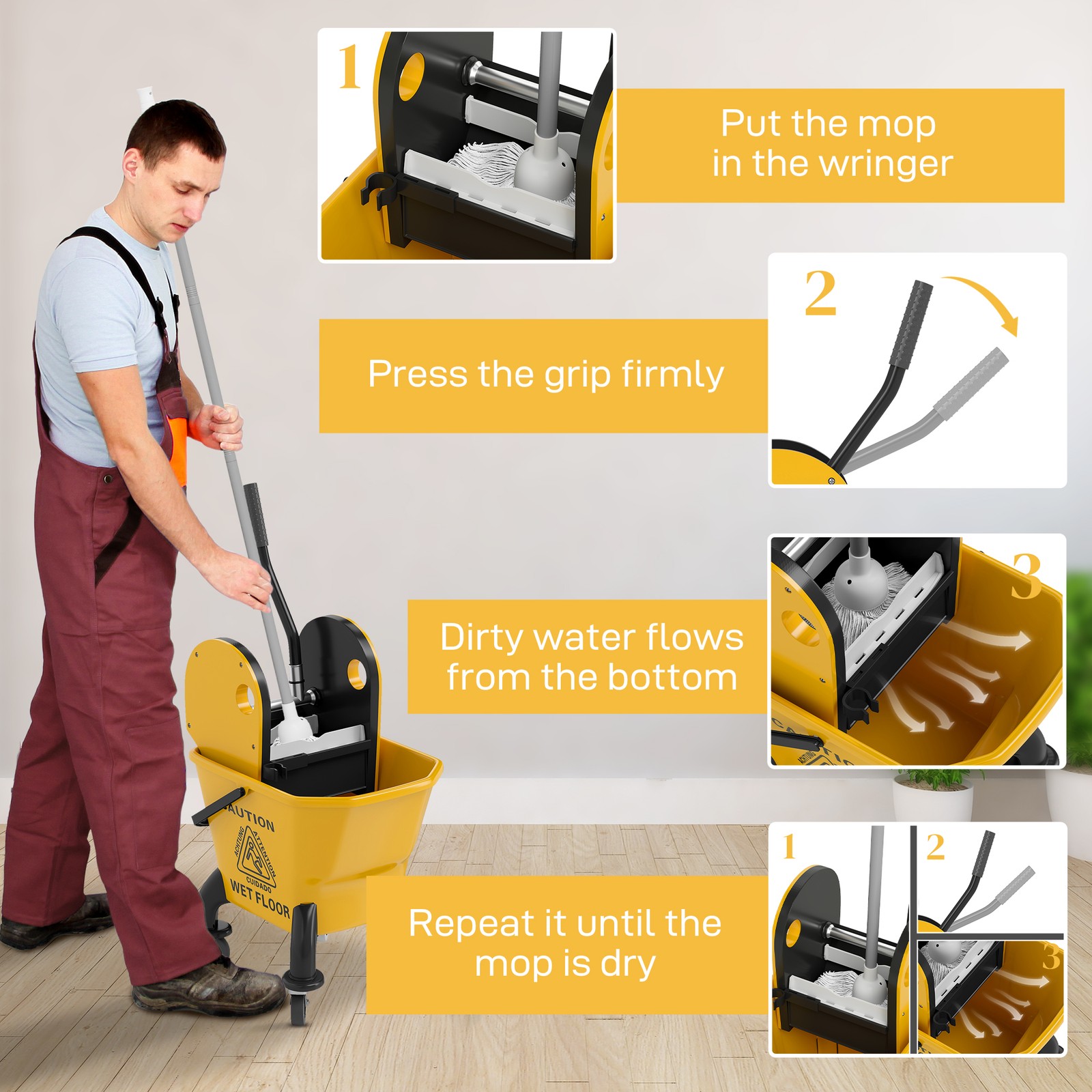 Mop Bucket with Wringer on Wheels and Mop Included,27.5 Quart,Yellow,Refurbished