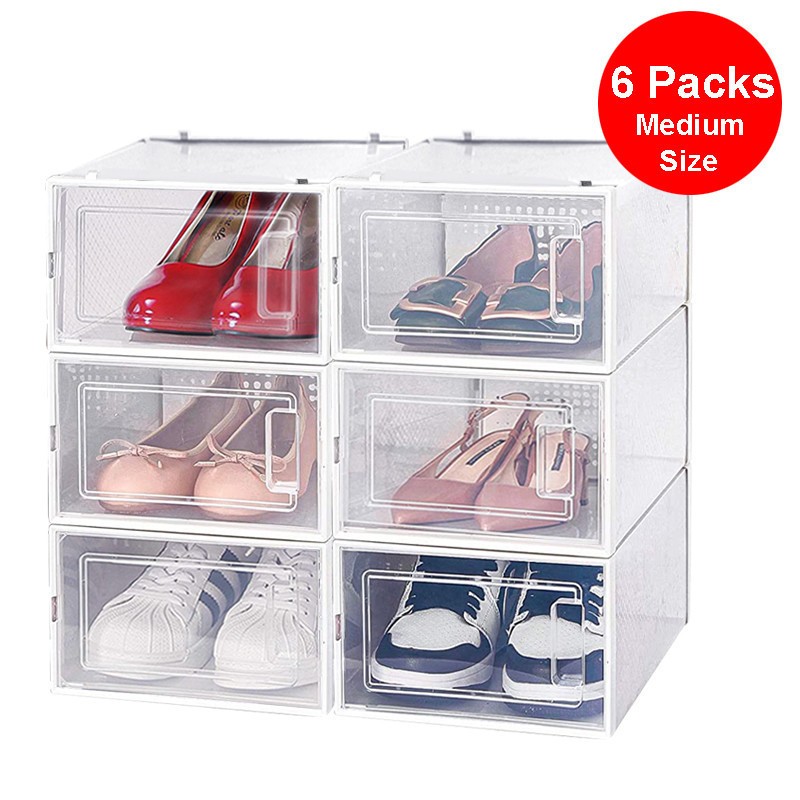 6PCS MED Foldable Stackable Plastic Shoe Box Storage Organizer Transparent Case
