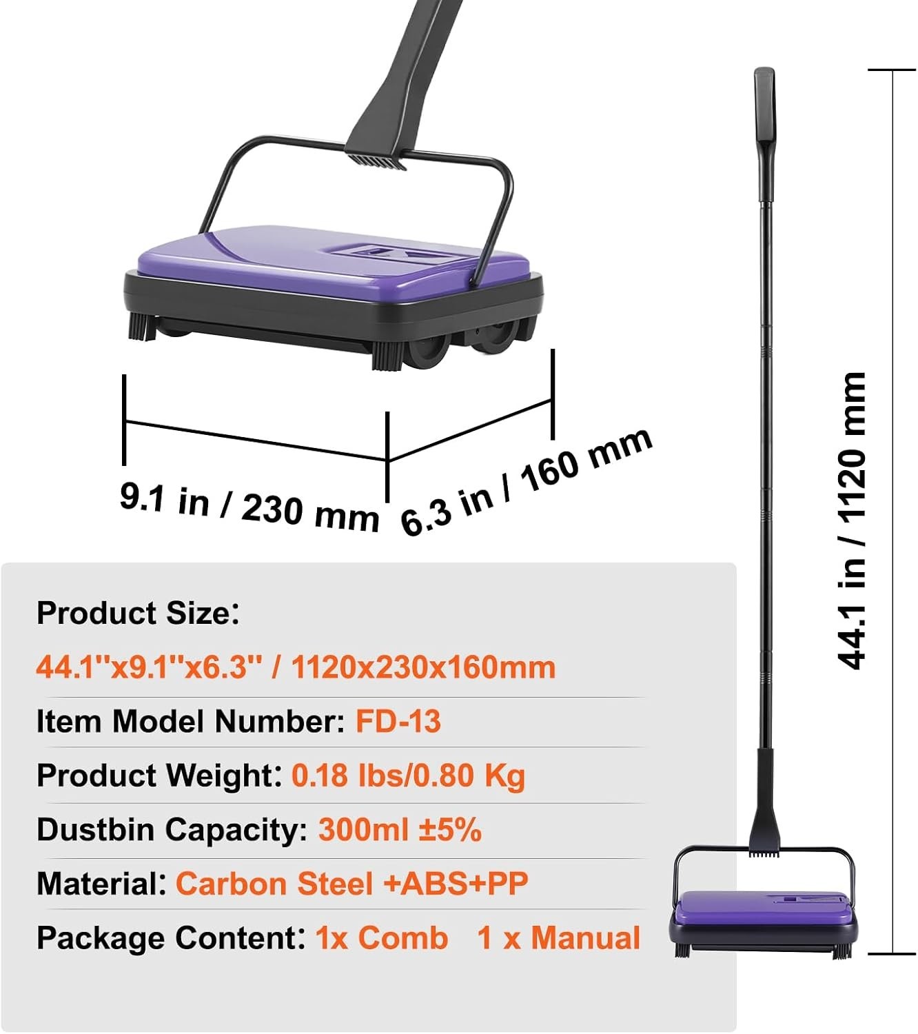 Stylish Purple Carpet Sweeper – Quiet Manual Operation, Pet Hair & Dirt Remover