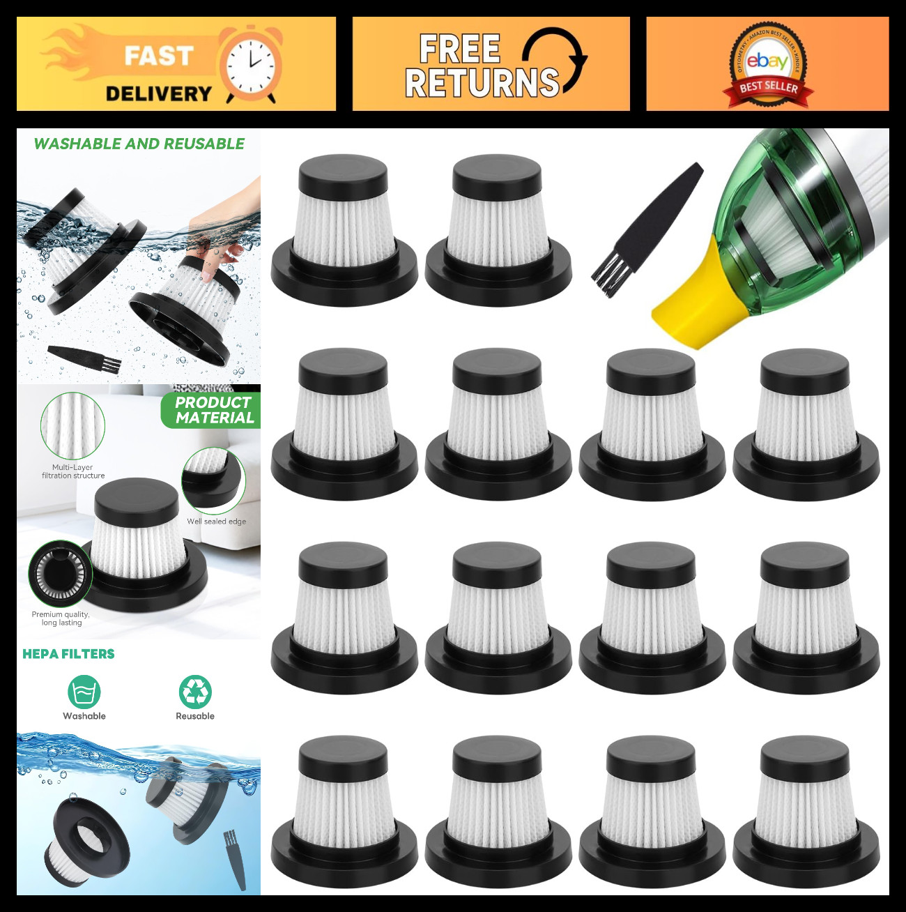 HEPA Filter Replacement for Handheld Vacuum – Washable, Reusable, 14 Pack