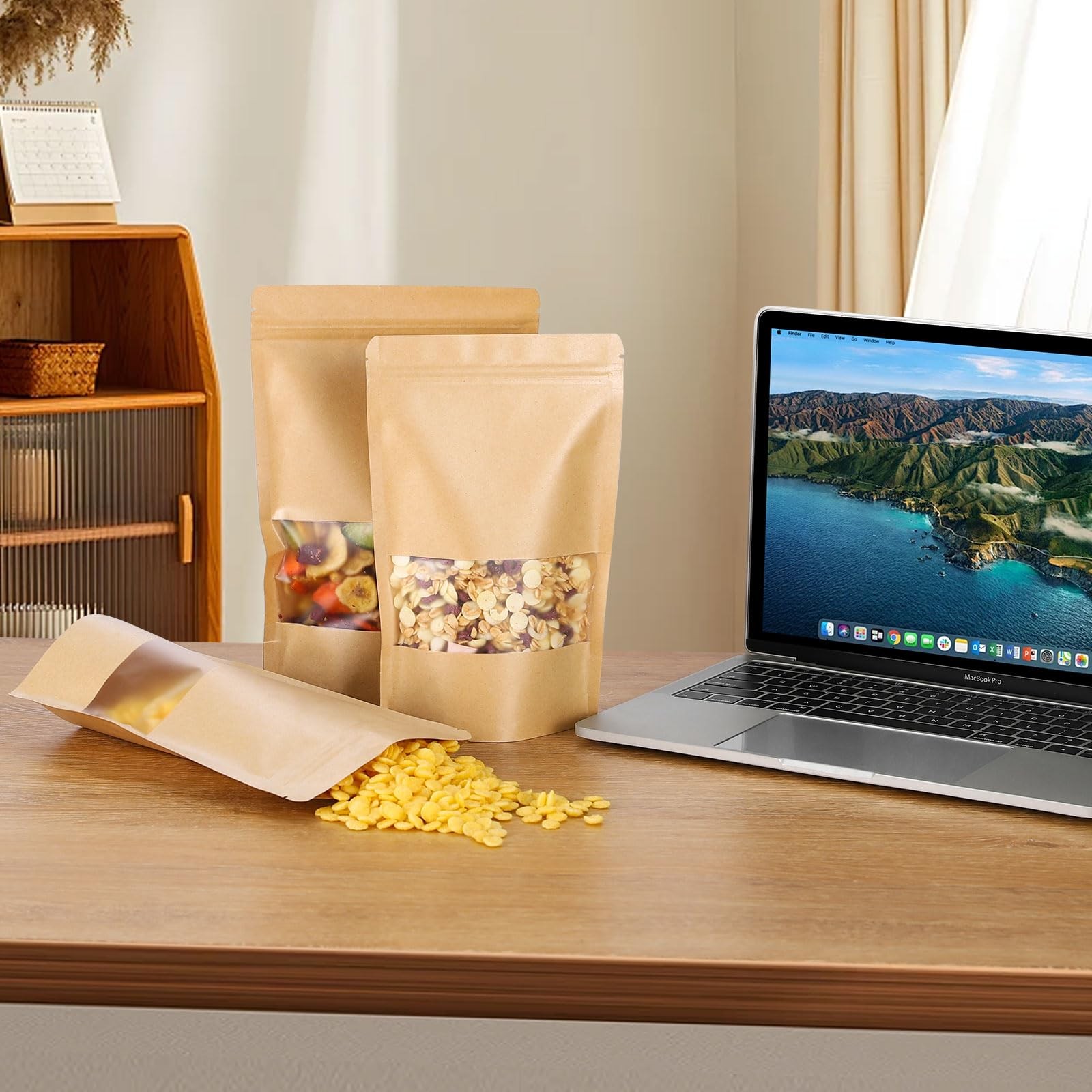 Kraft Paper Bags with Transparent Window, Stand Up 100Pcs-5.5″x7.8″, Brown