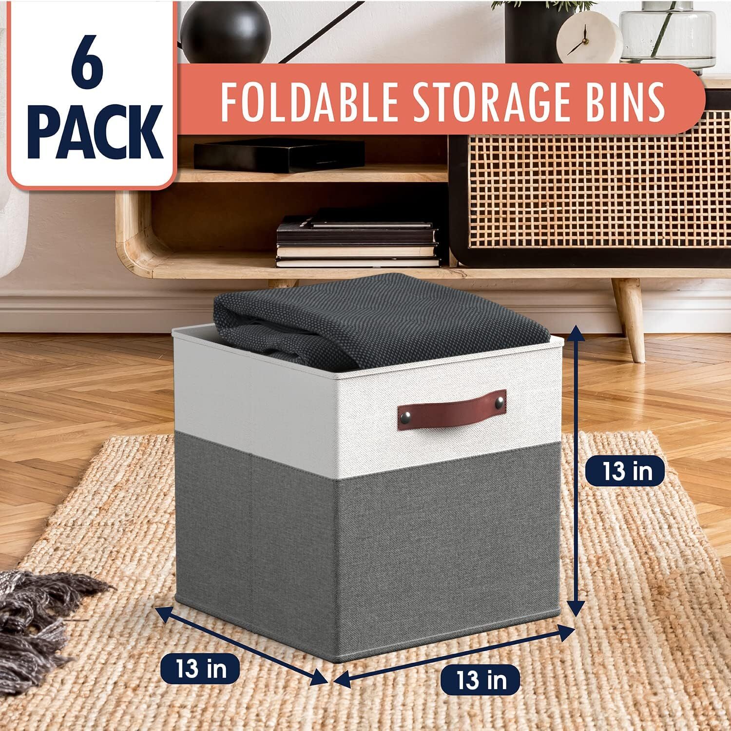13×13 Storage Cube Box, Foldable Storage Box, 6-Piece Set, White/Gray