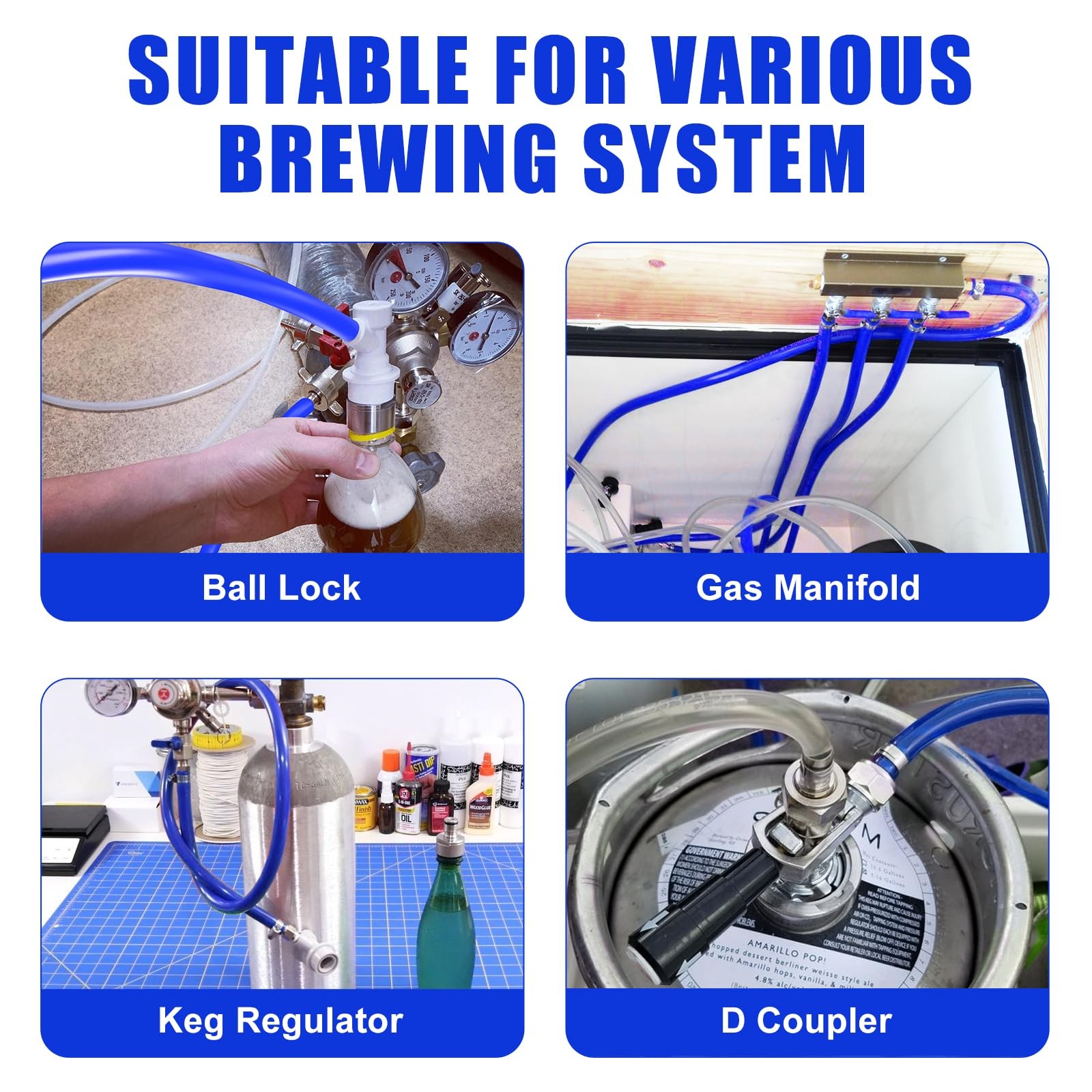 10 FT 5/16 Inch ID Beer CO2 Gas Line Tubing Blue PVC with 4 PCS Hose Clamps