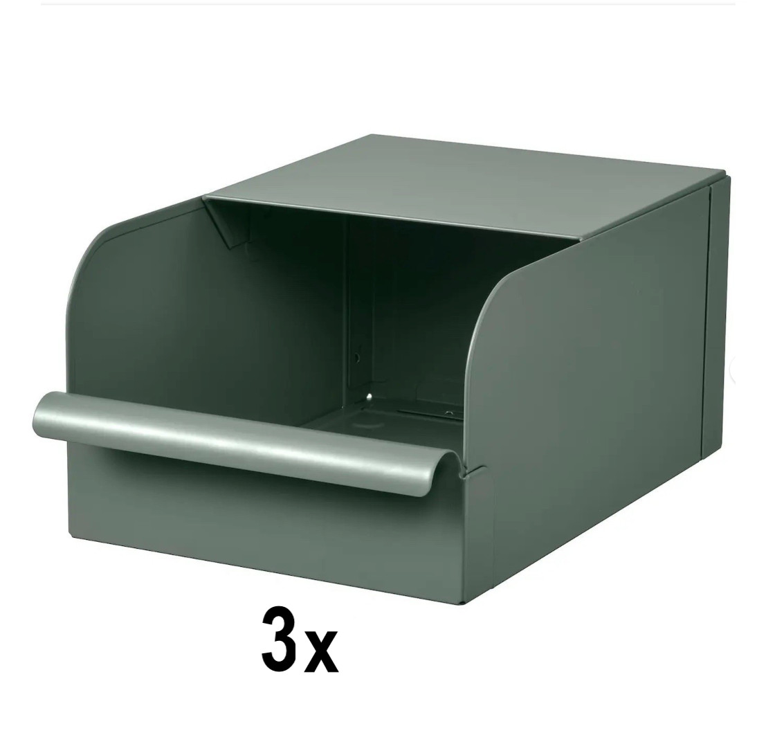 3x IKEA Rejsa Storage Box Metal Bin Gray Green 7”x 9¾ ”x 5” Article # 004.577.92