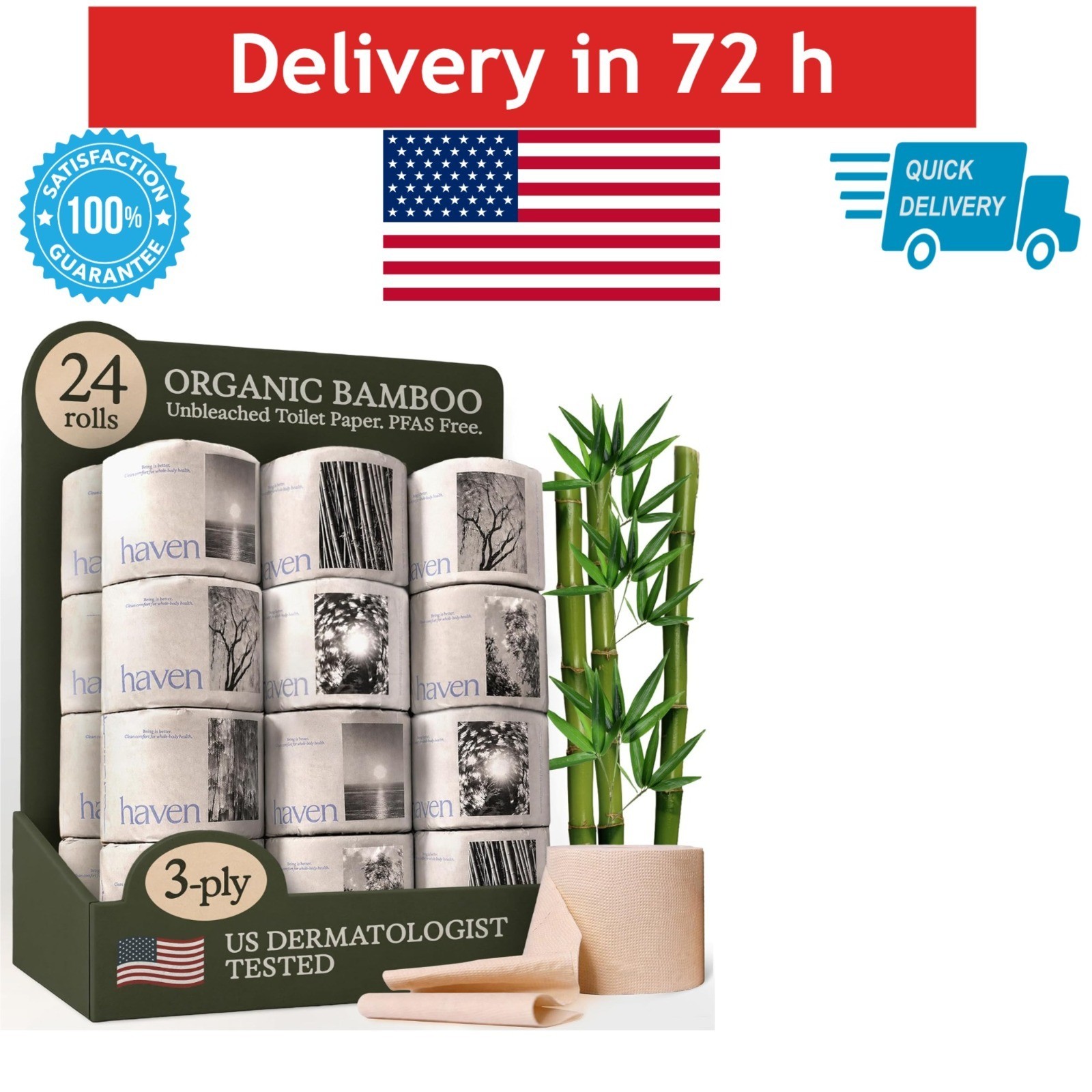 Haven Bamboo Toilet Paper 3-Ply 24 Rolls 300 Sheets PFAS-Free