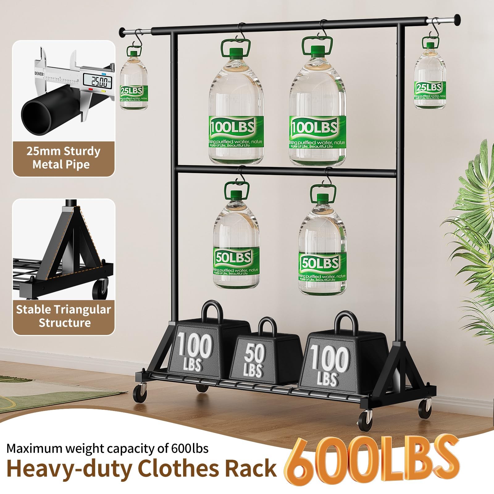 Luxspire Heavy Duty Clothes Rack Lockable Wheels Load 600 LBS, Black HC250088