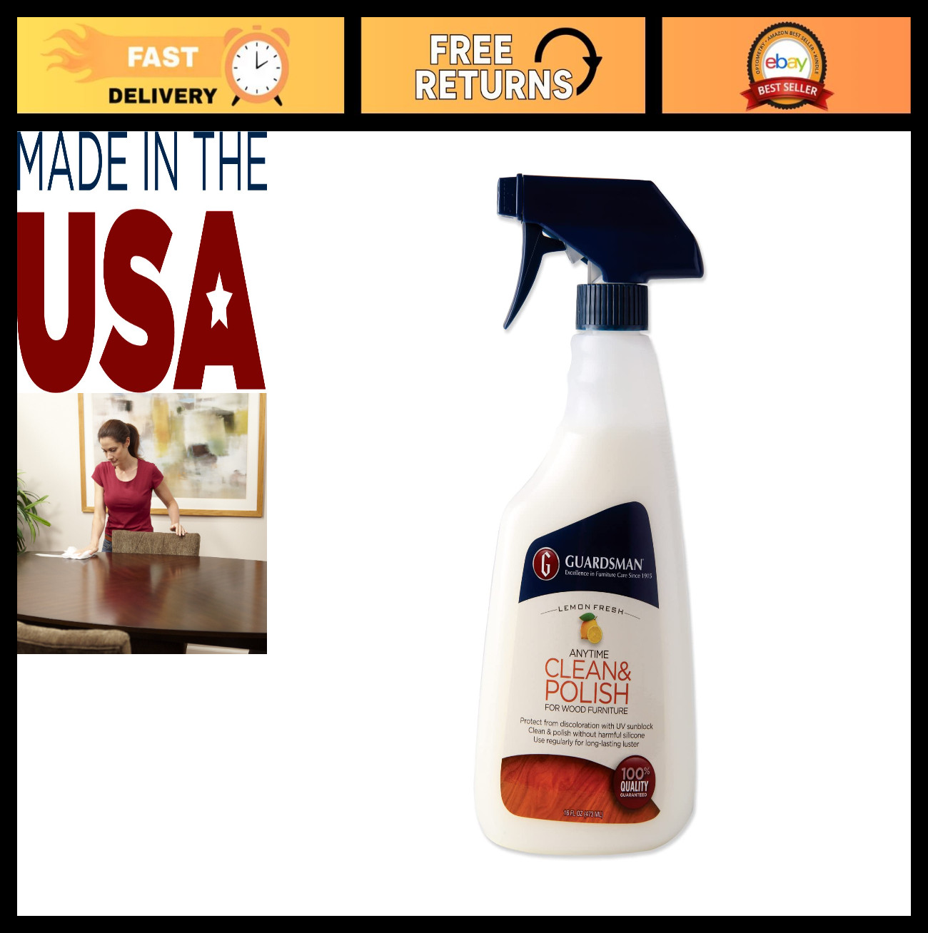 Wood Cleaner & Furniture Polish Spray – Lemon Fresh, 16 oz for Cabinets & Tables