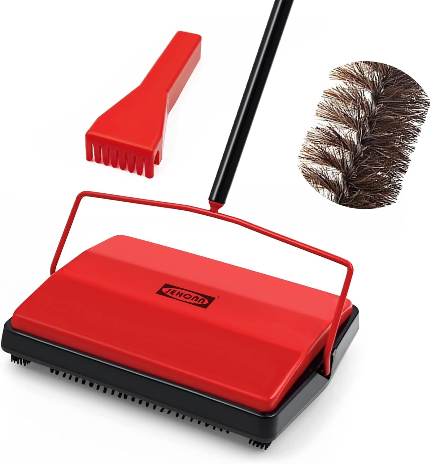 Carpet Floor Sweeper Manual with Horsehair, Non Electric Rug Roller Brush Push