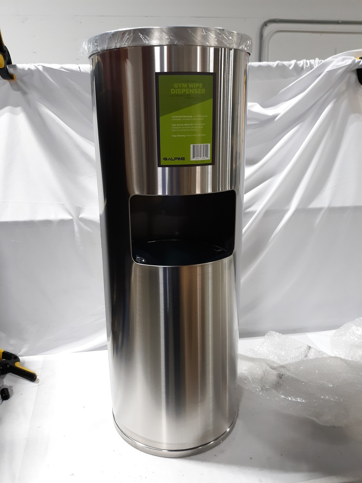 Alpine Industries 4777 Stainless Steel Gym Wipe Dispenser w/ Built-in Trashcan