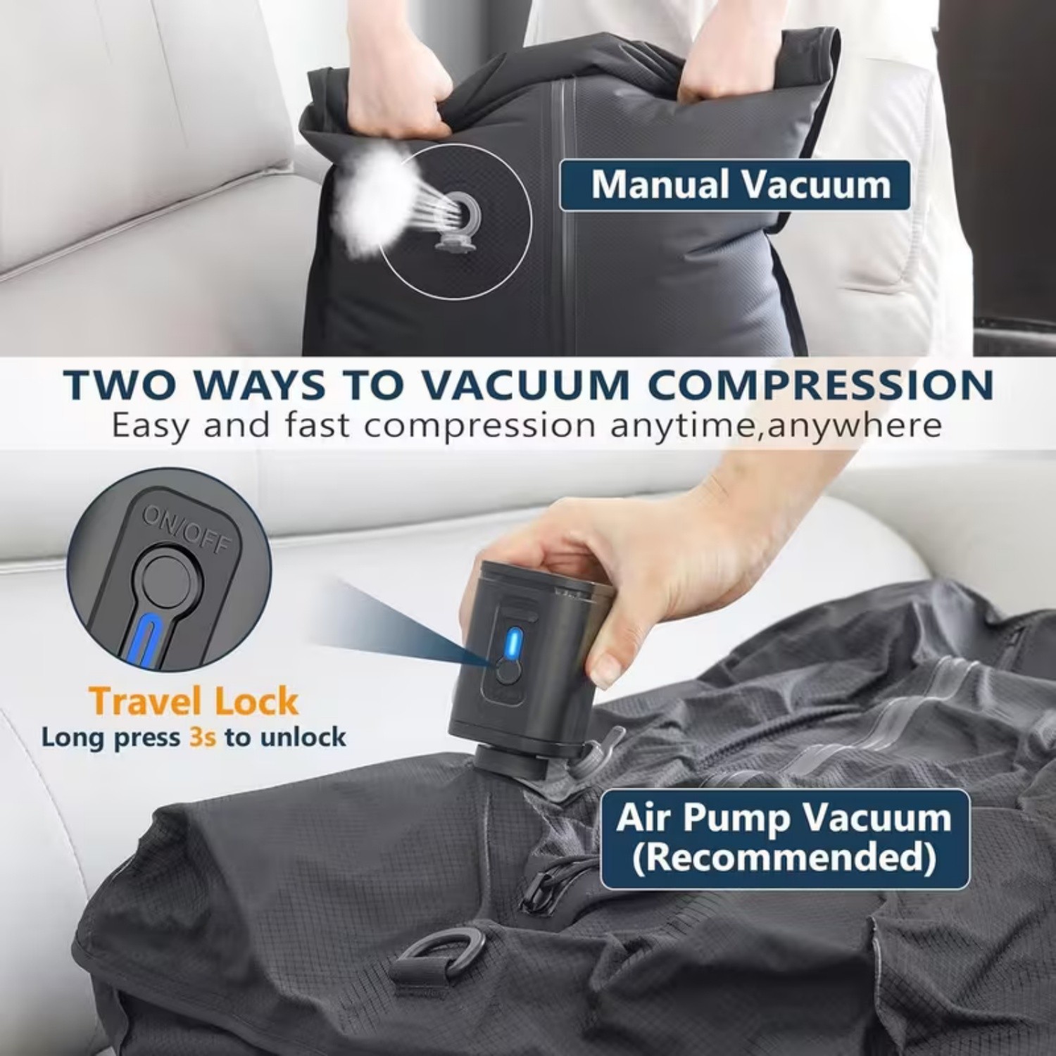 Travel Vacuum Bags for Luggage with Wireless Pump, Reusable Space Saver 2 pack