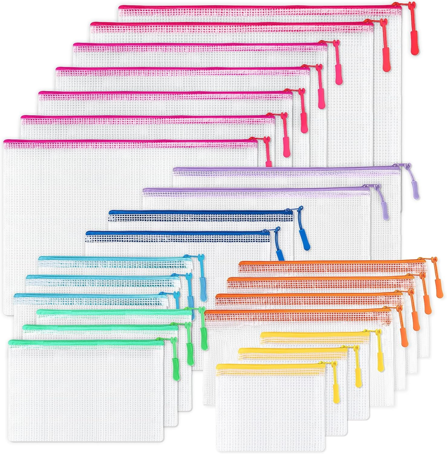 24 Pcs Mesh Zipper Pouch Bags, Plastic Zipper Pouches for Classroom in 8 Sizes,