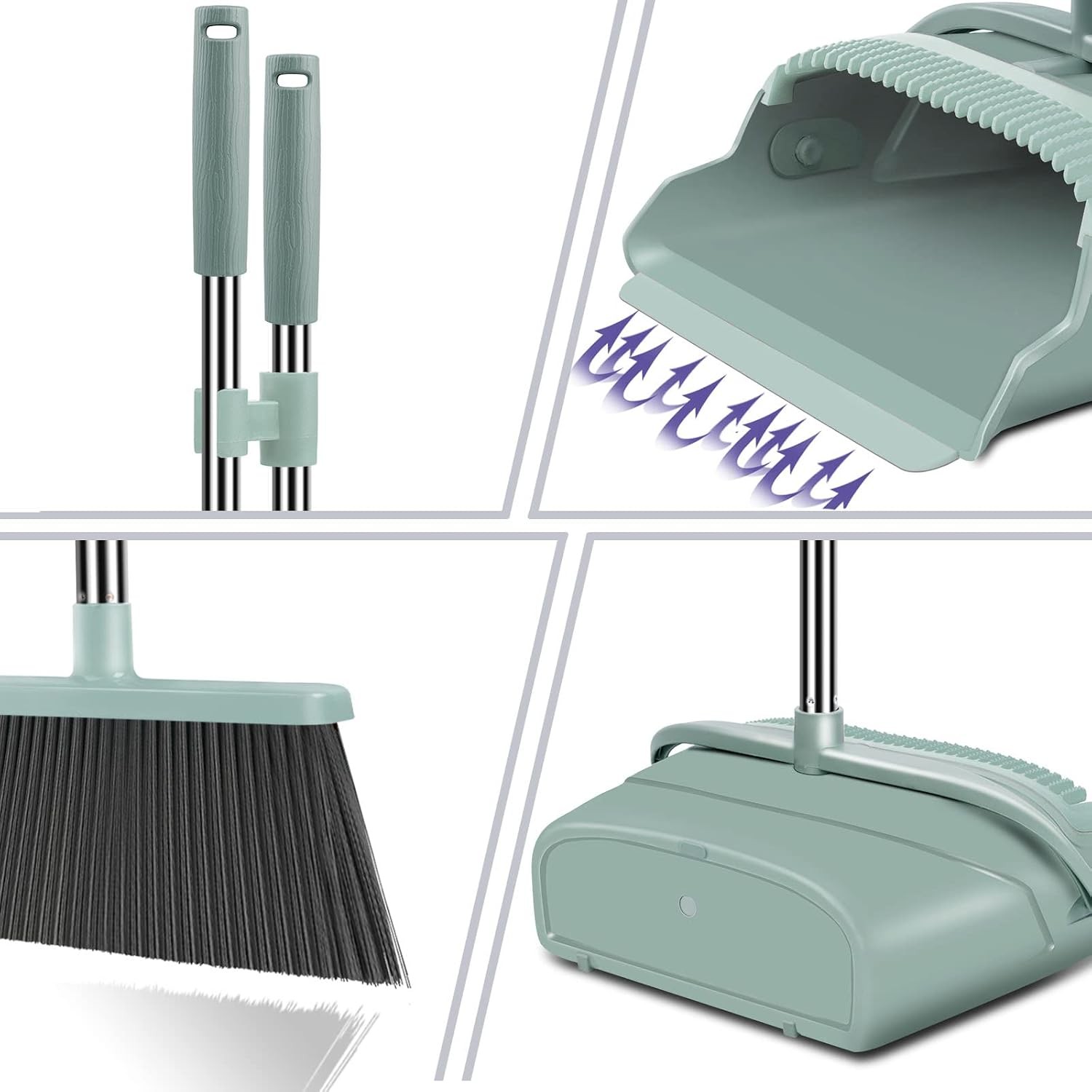 Broom and Dustpan Set Upright Sweeping Combo with Self Cleaning Teeth for Home