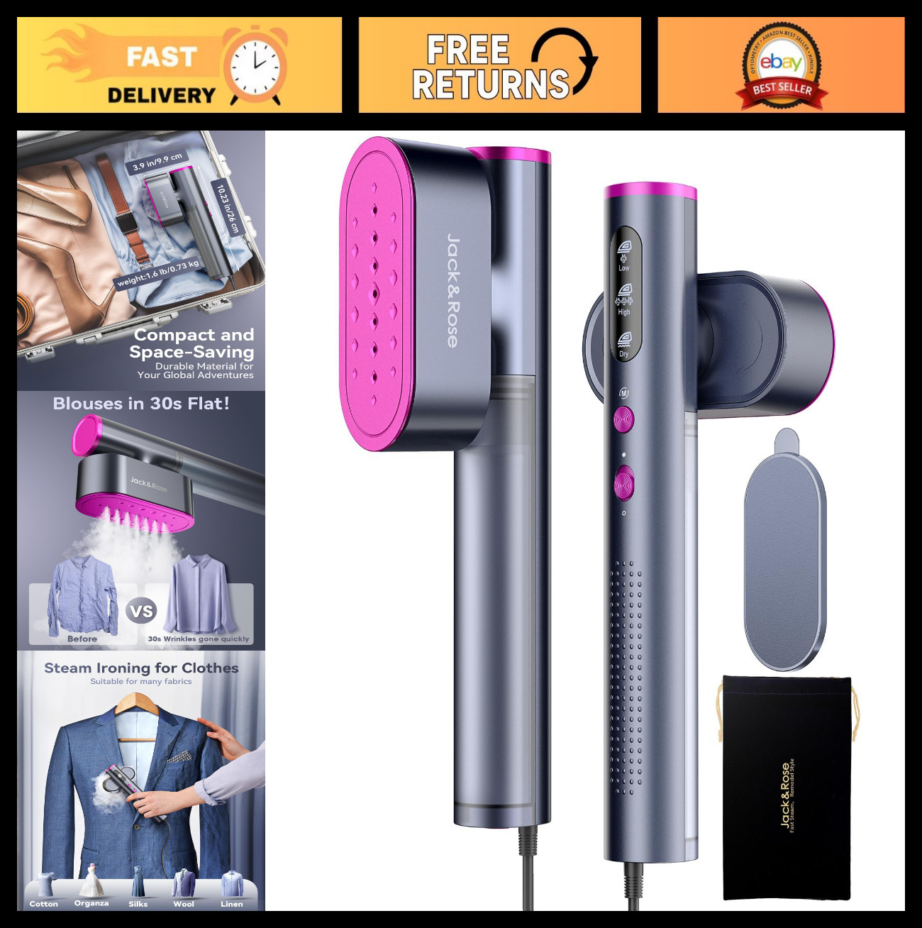 Portable Travel Clothes Steamer & Iron 2-in-1, 15s Heat Up, Global Use, Compact