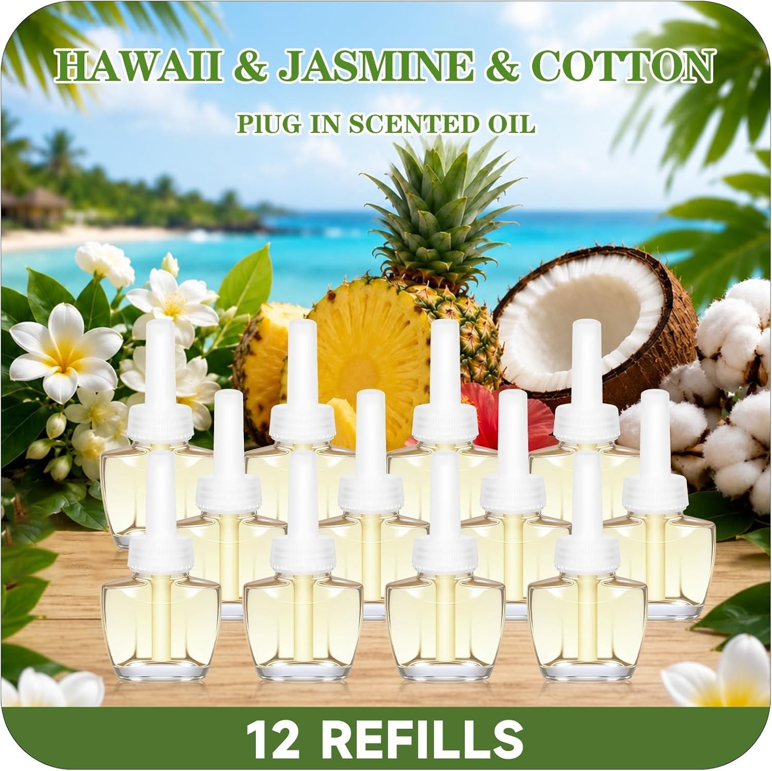 12 PACK Plug Ins Refills Air Freshener, Hawaiian, Jasmine, Cotton Summer Scent