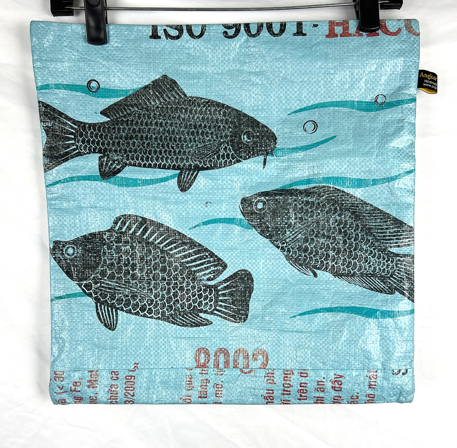 Angkor Cambodia Recycled Blue Fish Food Bag – Large 15″ Square Zip Pouch Bag