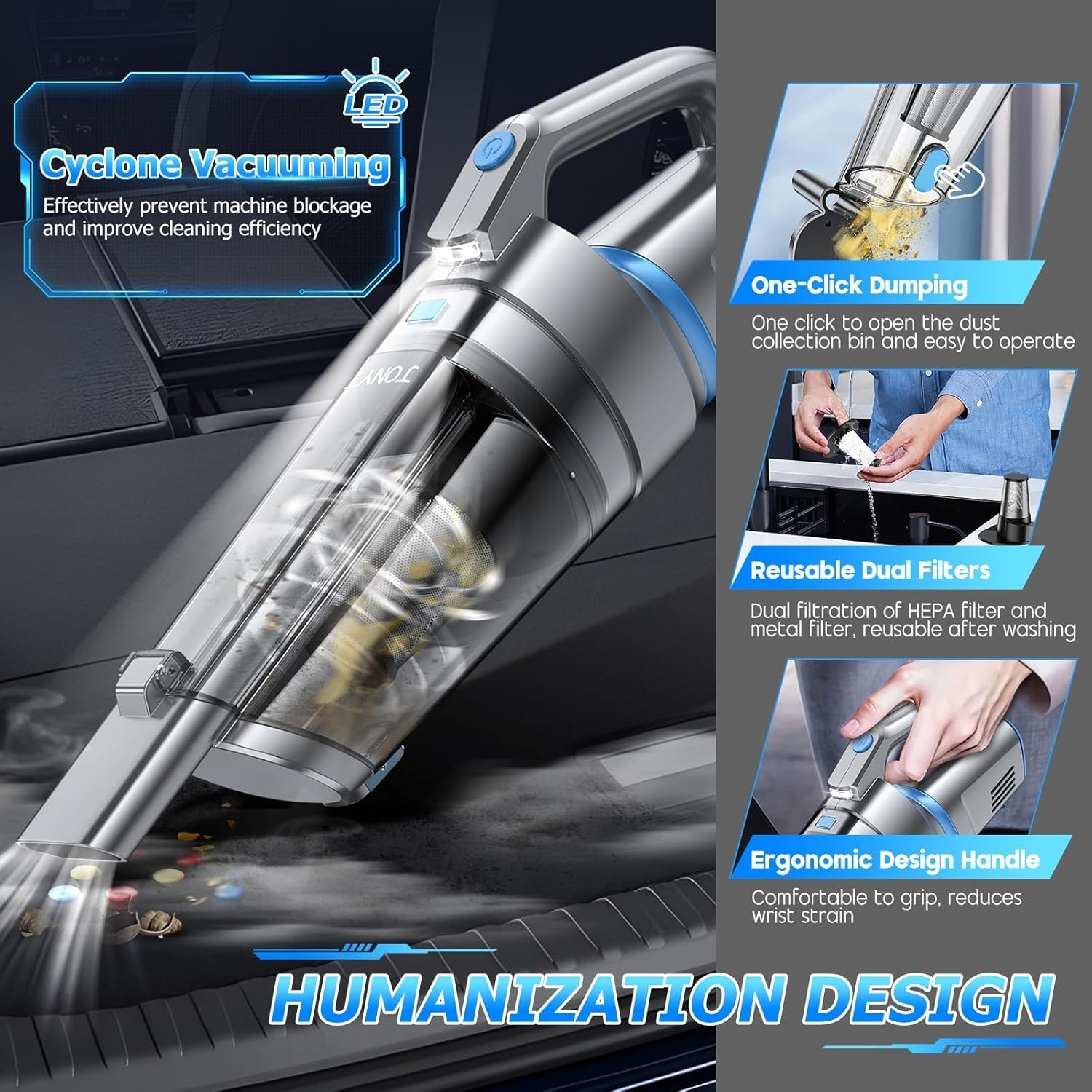 New Handheld Cordless Vacuum Strong Suction Car Keyboard Air Vents LED Light Pet
