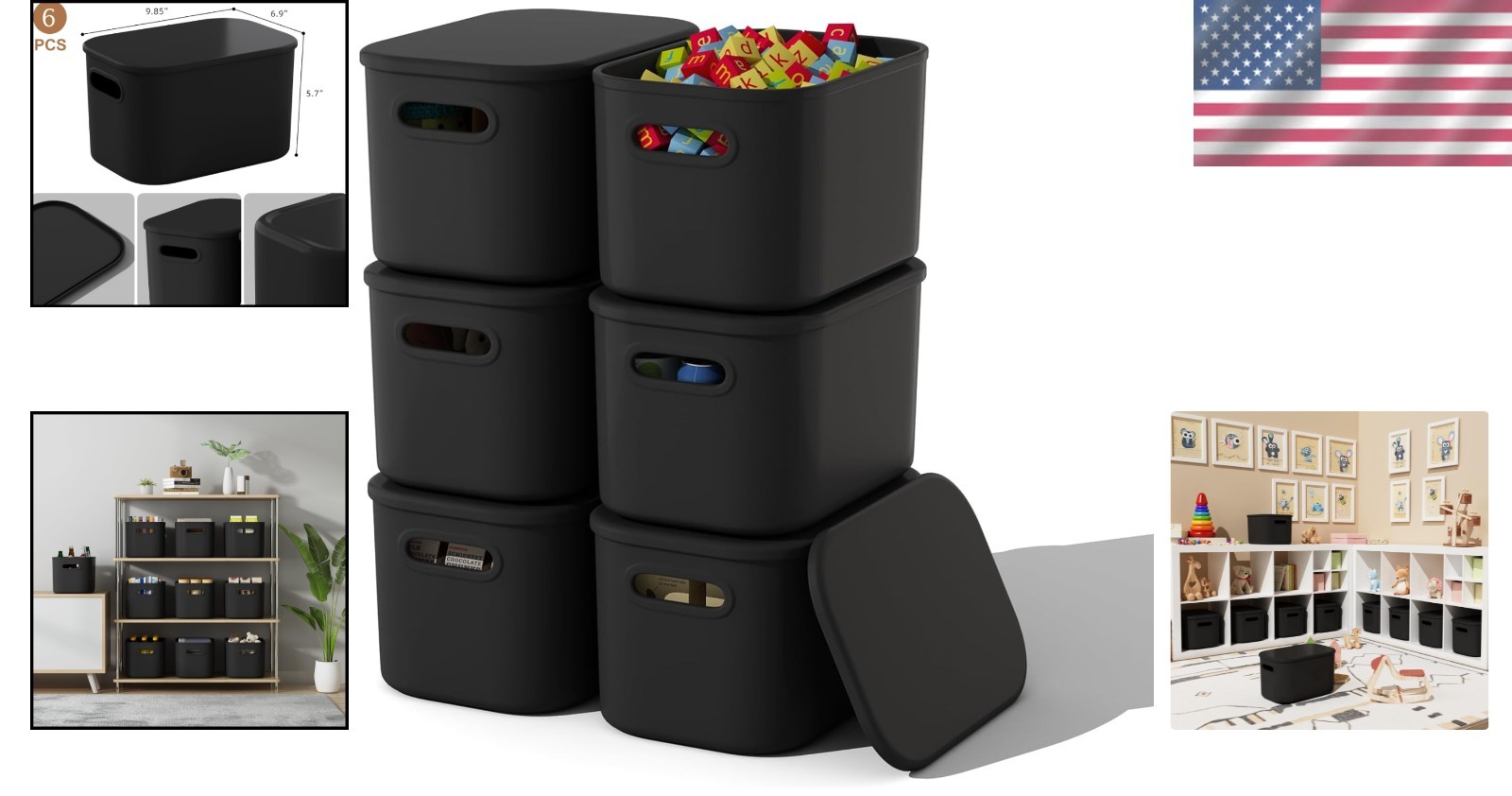 Stackable 6 Pack Black Storage Containers with Flip Top Lids for Versatile Use