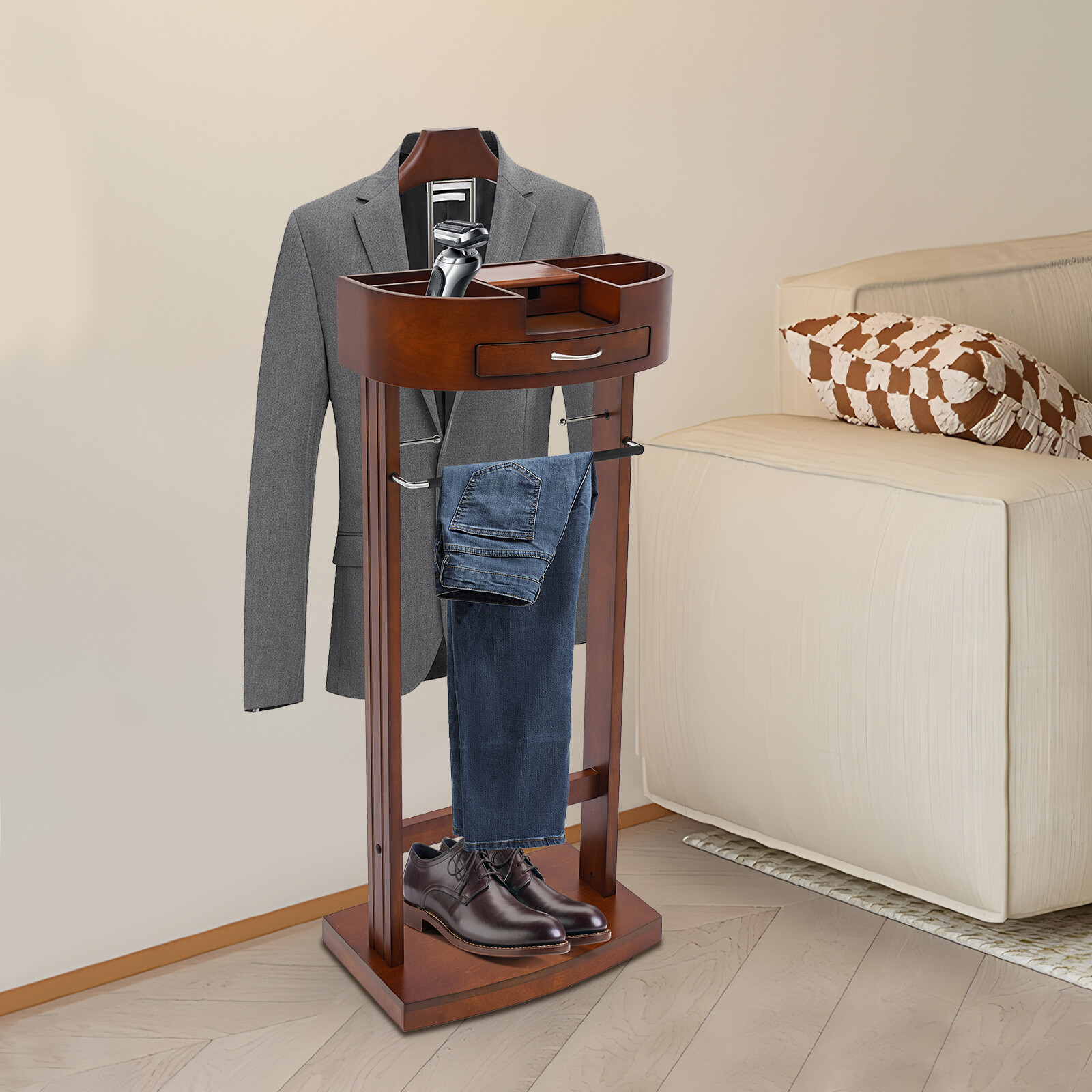 Free Standing Wood Suit Rack, Freestanding Clothing Valet Stand, Valet Stand