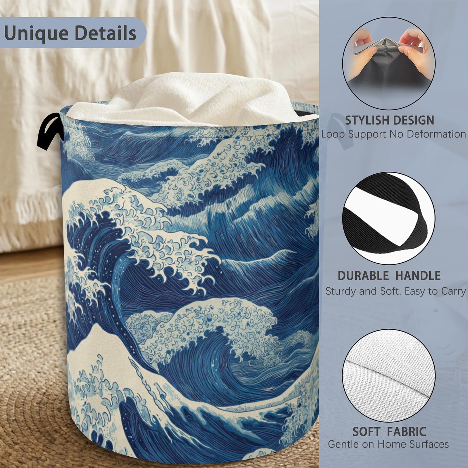 Ocean Wave Laundry Basket,Japanese Foldable Oxford Cloth Tote Bag Laundry Ham…