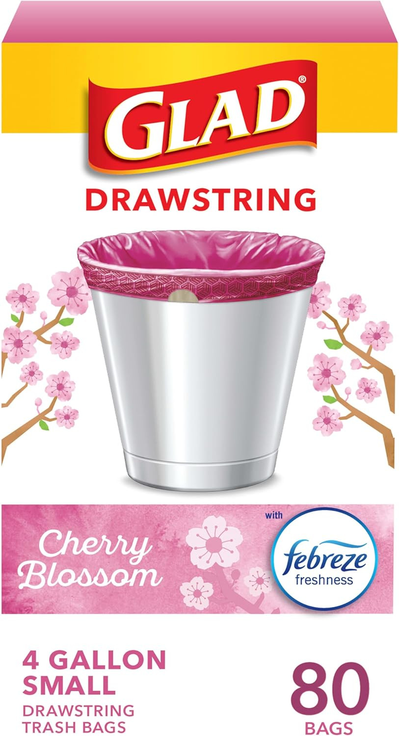Odorshield Small Drawstring Trash Bags, 4 Gal, Pink, Cherry Blossom, 80 Ct, Pack