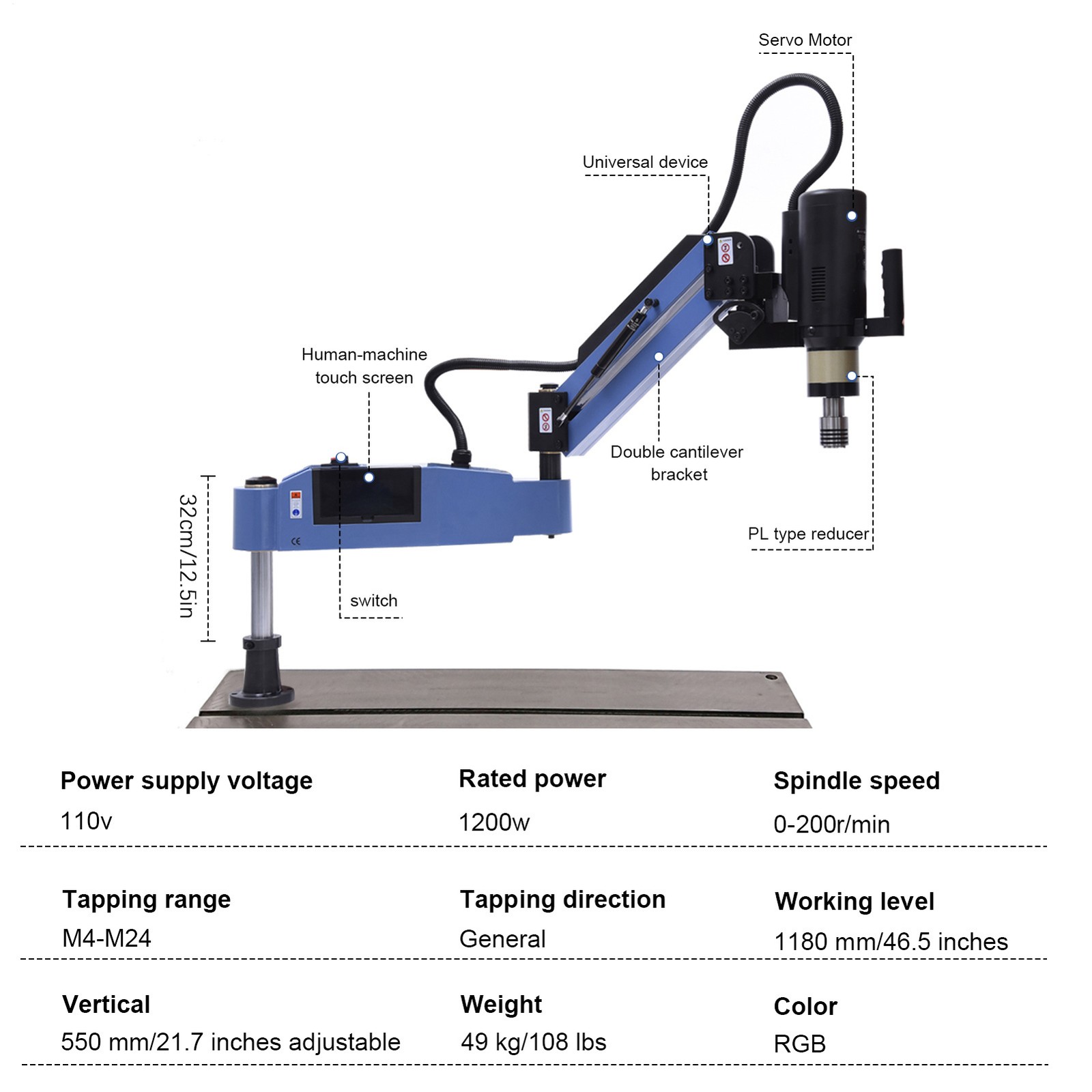 M4-M24 Electric Tapping Machine 360° Flexible Arm With Collets