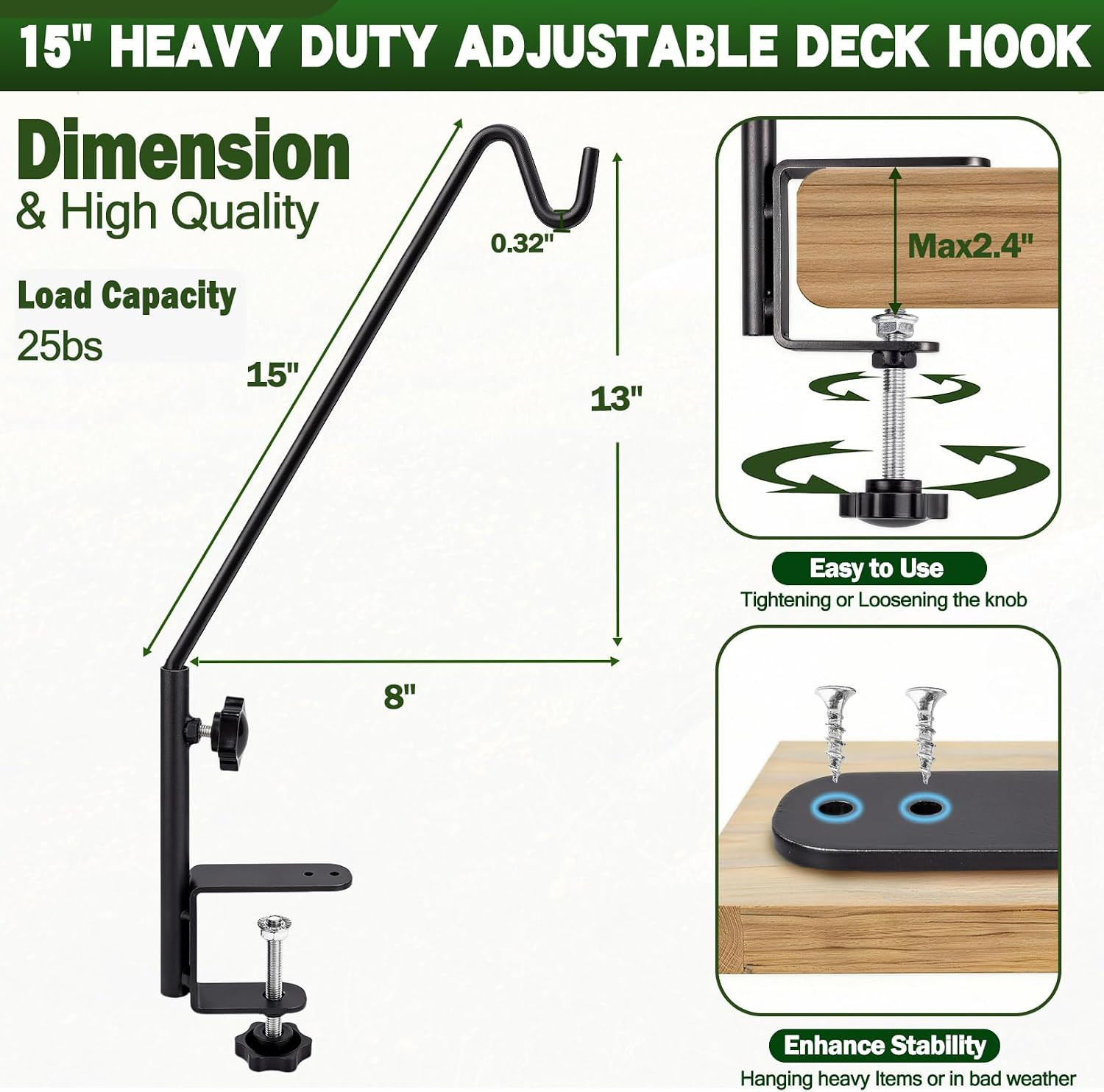 15 Inch Deck Hooks Hanger for Railing 2 Pack, Heavy Duty Shepherds Hooks