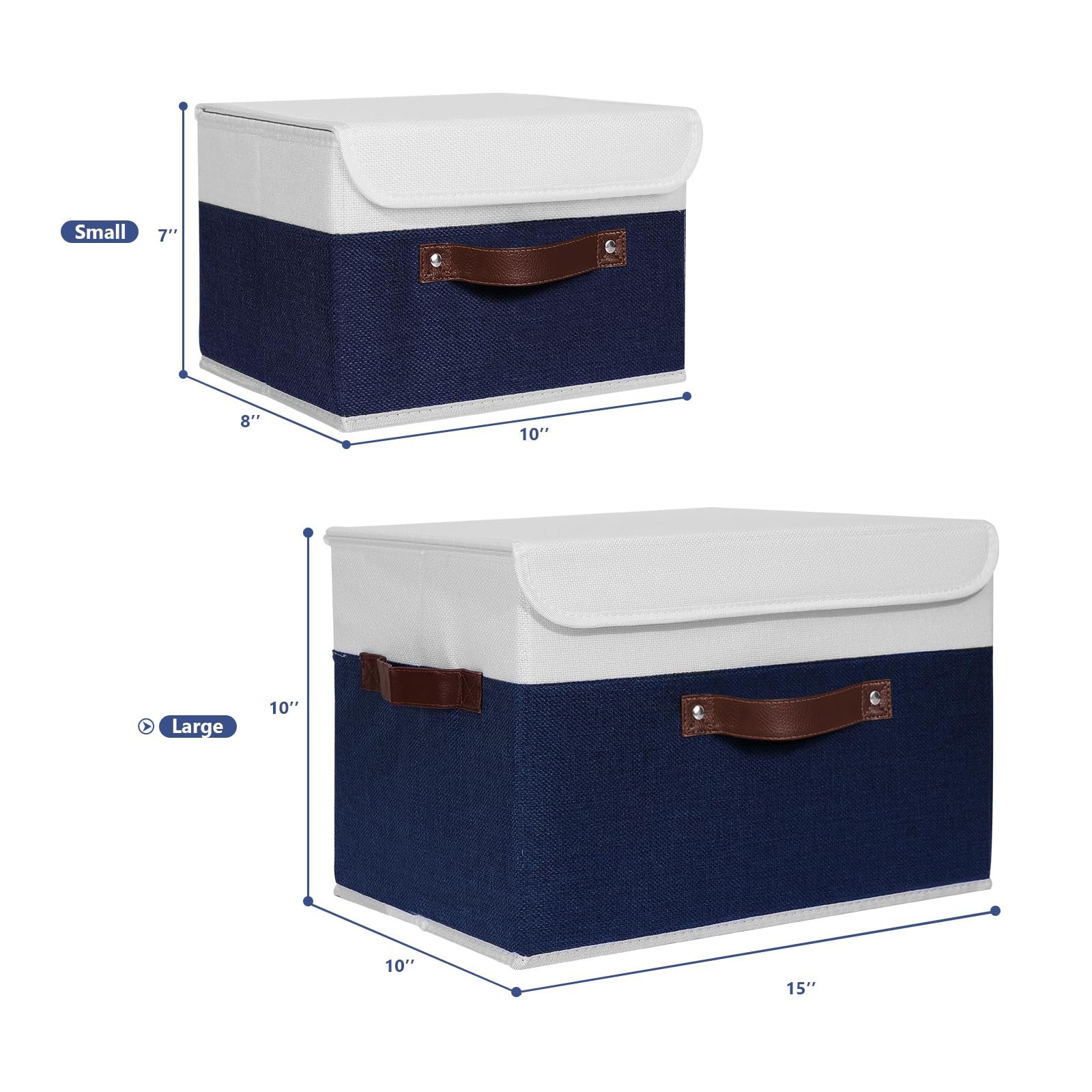 Large Deep Blue White Foldable Linen Fabric Storage Box Lid Leather Handle