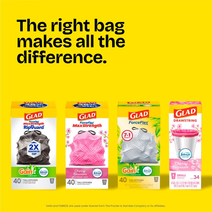 Glad ForceFlex Tall Kitchen Drawstring Trash Bags, 13 Gal, Gain Lavender, 120 Co