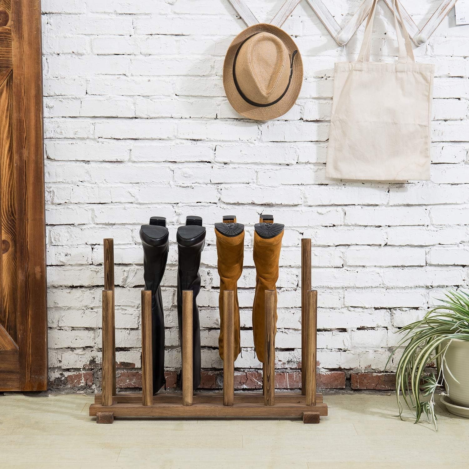 MyGift Rustic Burnt Brown Solid Wood Floor Standing Boot Holder Rack