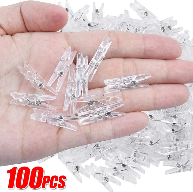 100pcs Transparent Plastic Mini Photo Clips for DIY & Home Decoration – NEW