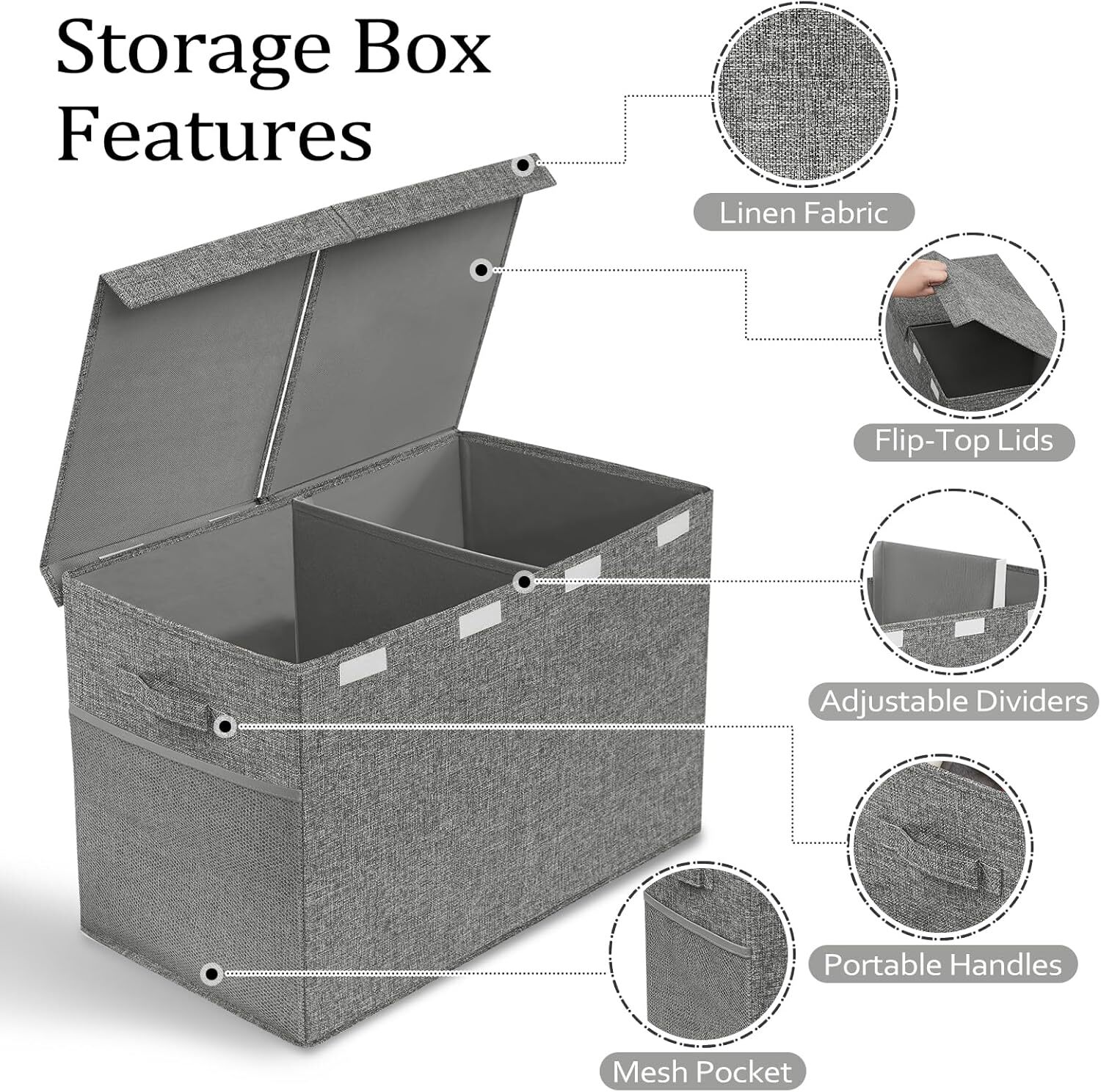 Large storage box with lid and handle, 25 inches × 13 inches × 16 inches, gray