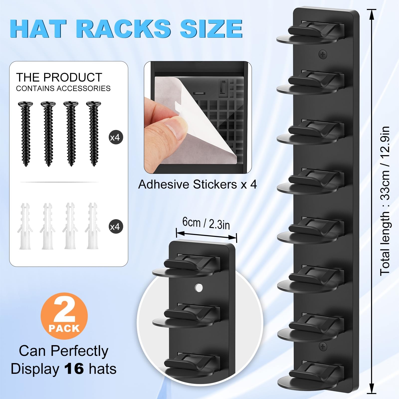 2 Wall Mounted Organizers for 16 Men’s Caps, Adhesive Coat Rack Holder