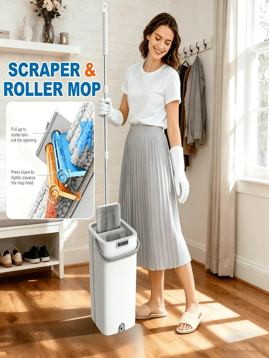Mop Bucket Wringer Set 6 Reusable Microfiber Pads Wet Dry