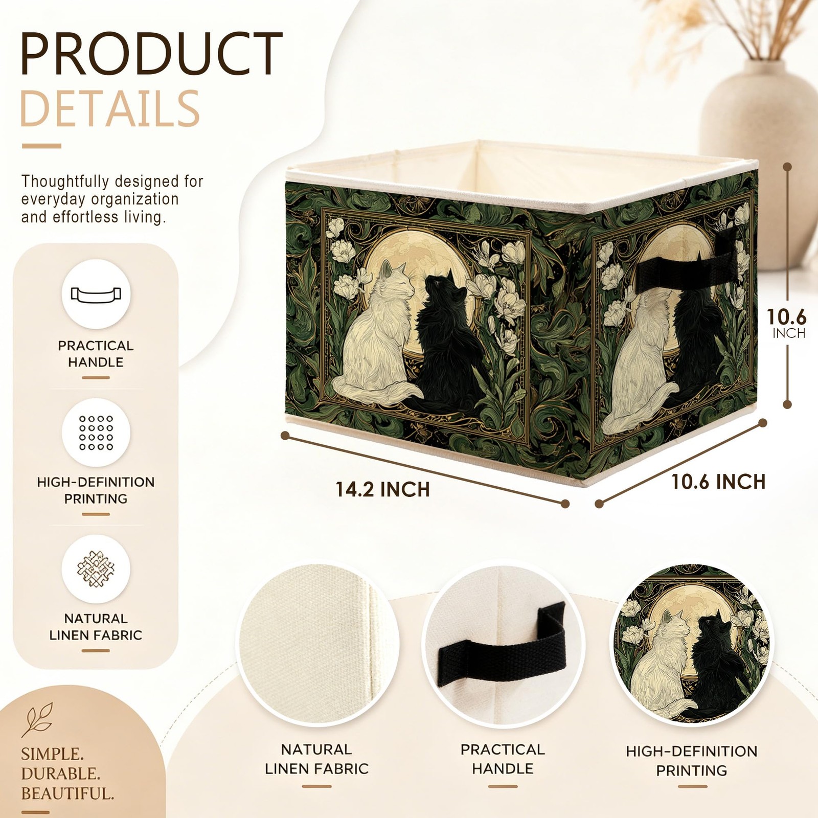 Witchy Moon Cat Floral Storage Bins Box, Vintage Art Nouveau Botanical Black …