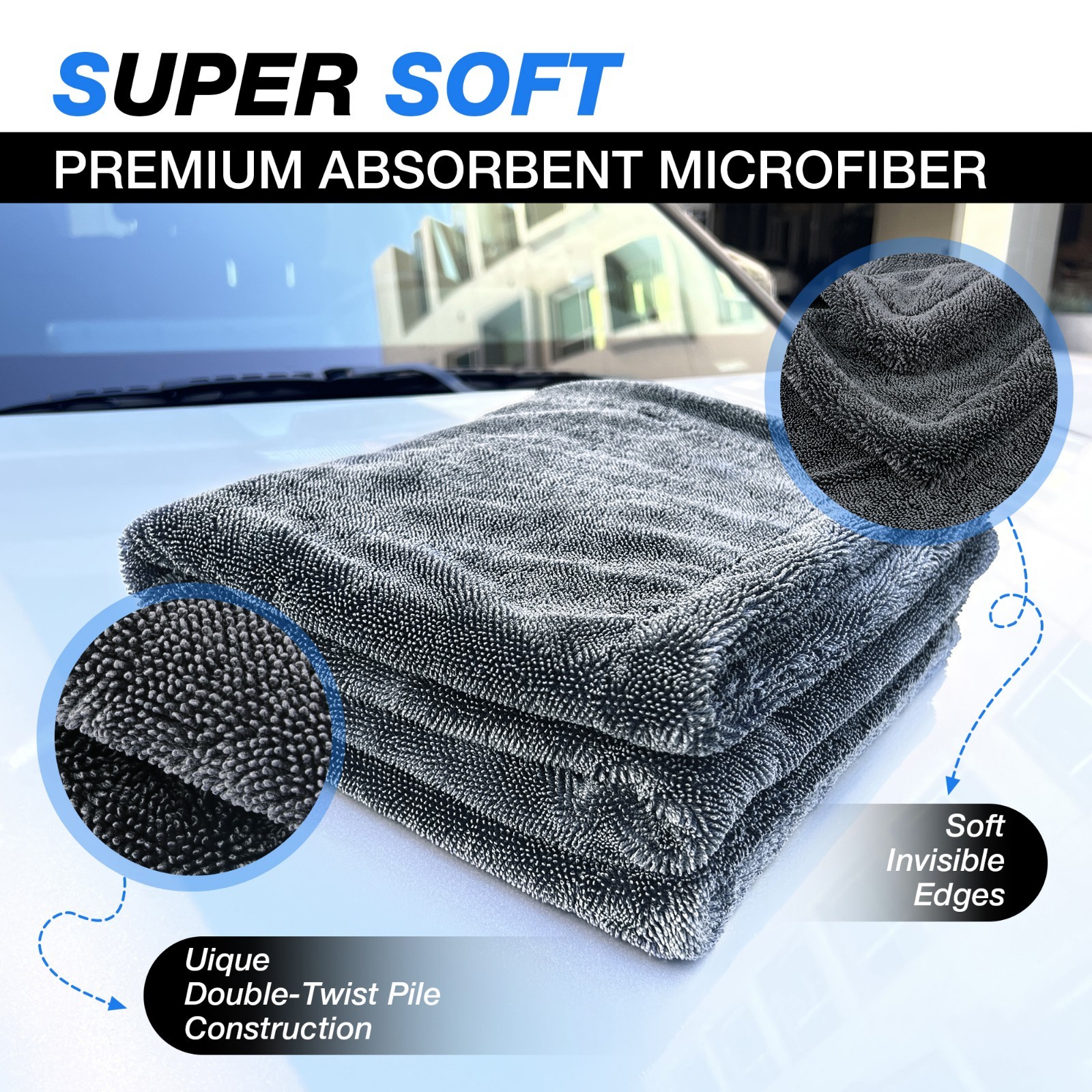 Water Absorbing Car Wash Microfiber Drying Towel Twisted Loop 24 x 35″ 1500GSM