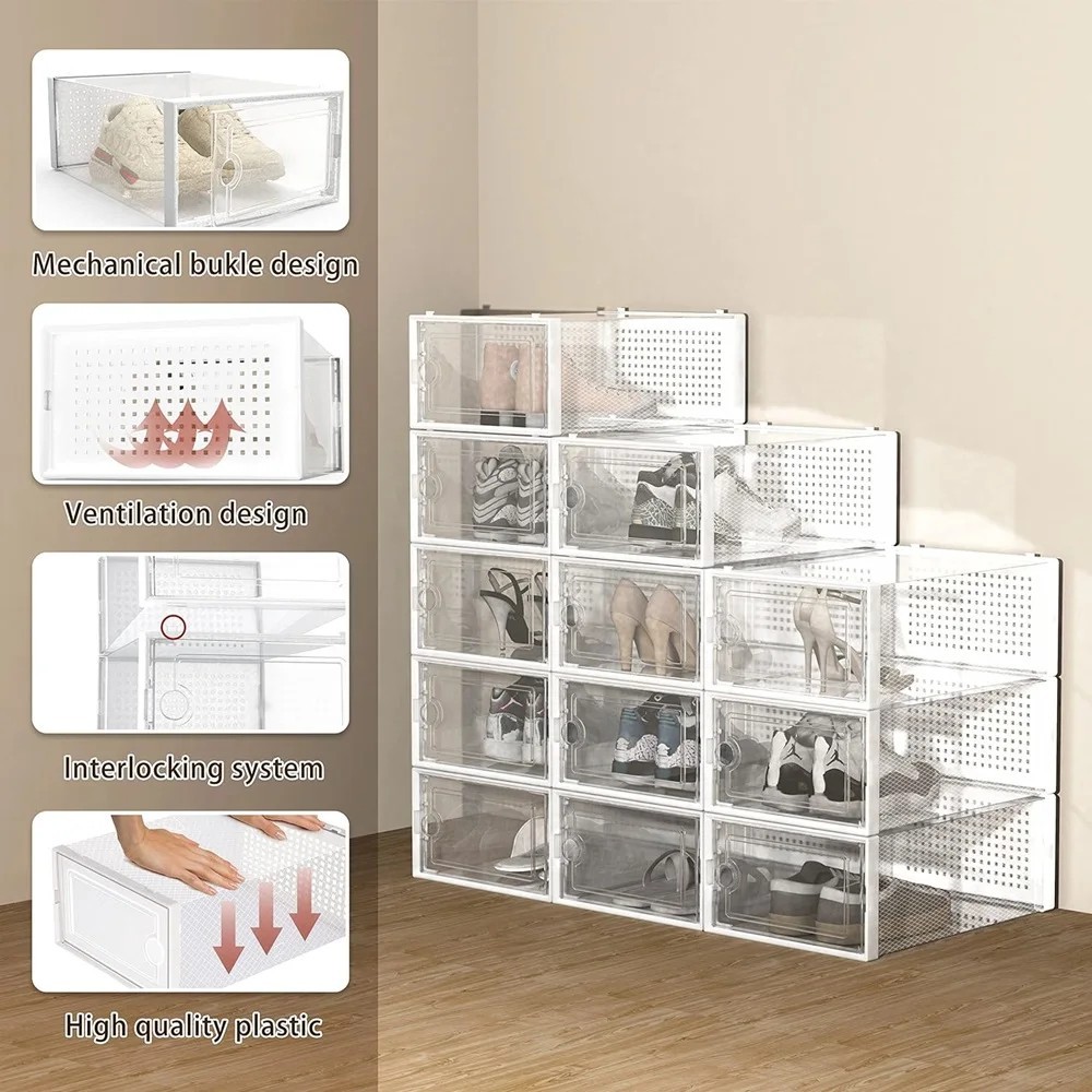12-Pack Stackable Shoe Storage Boxes – Extra Large Clear Sneaker Display