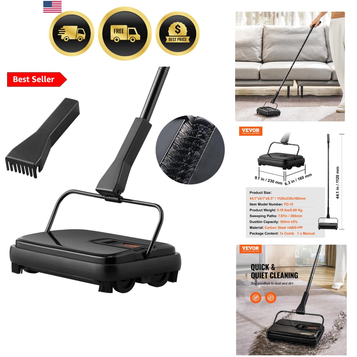 Carpet Sweeper, 7.87 in Sweeping Paths, Floor Sweeper Manual Non Electric, 30…