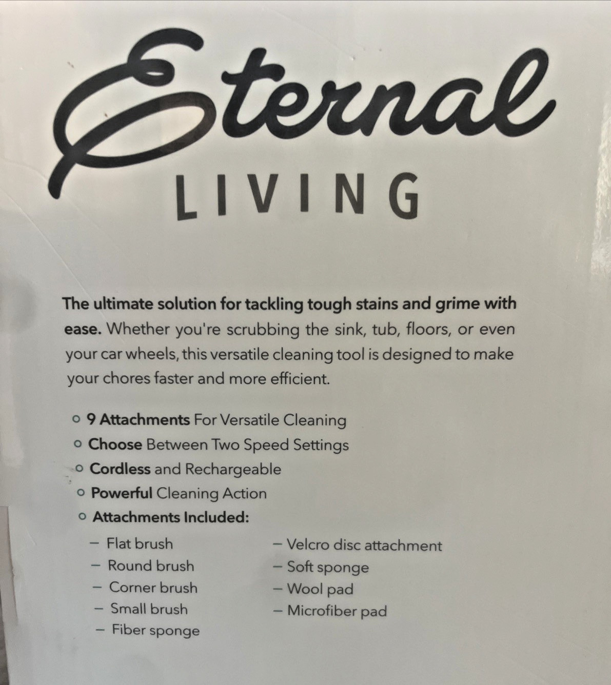 Eternal Living Dual Speed Cordless Cleaning Brush Spin Scrubber w/9 Attachments