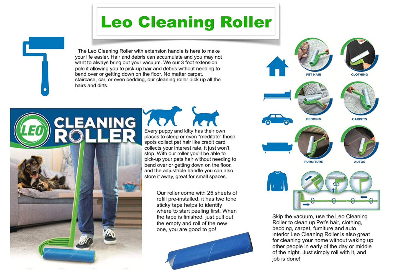 Leo Cleaning Big Lint Roller 3 / 6 Roll of Refill Pet Hair Removal Floor Roller