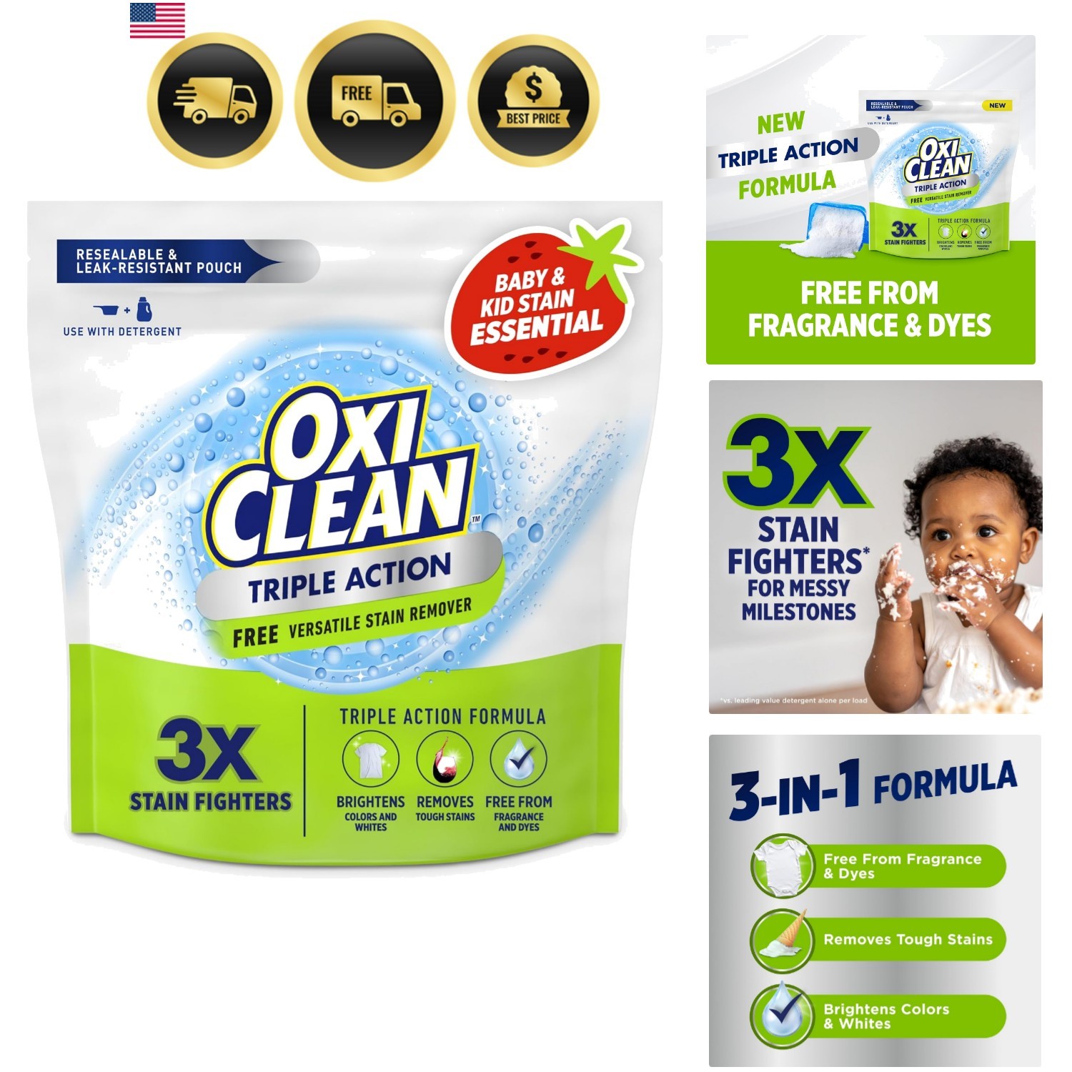 Triple Action Free Versatile Stain Remover Powder, 4 lbs | Use with Detergent…