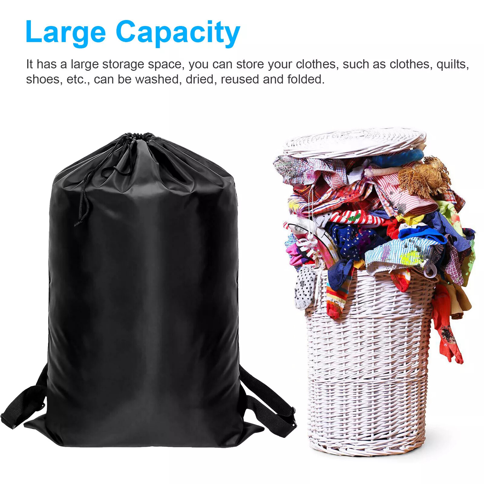 Large Drawstring Black 36*24inch Backpack Heavy Duty Washing Clothes Laundry Bag