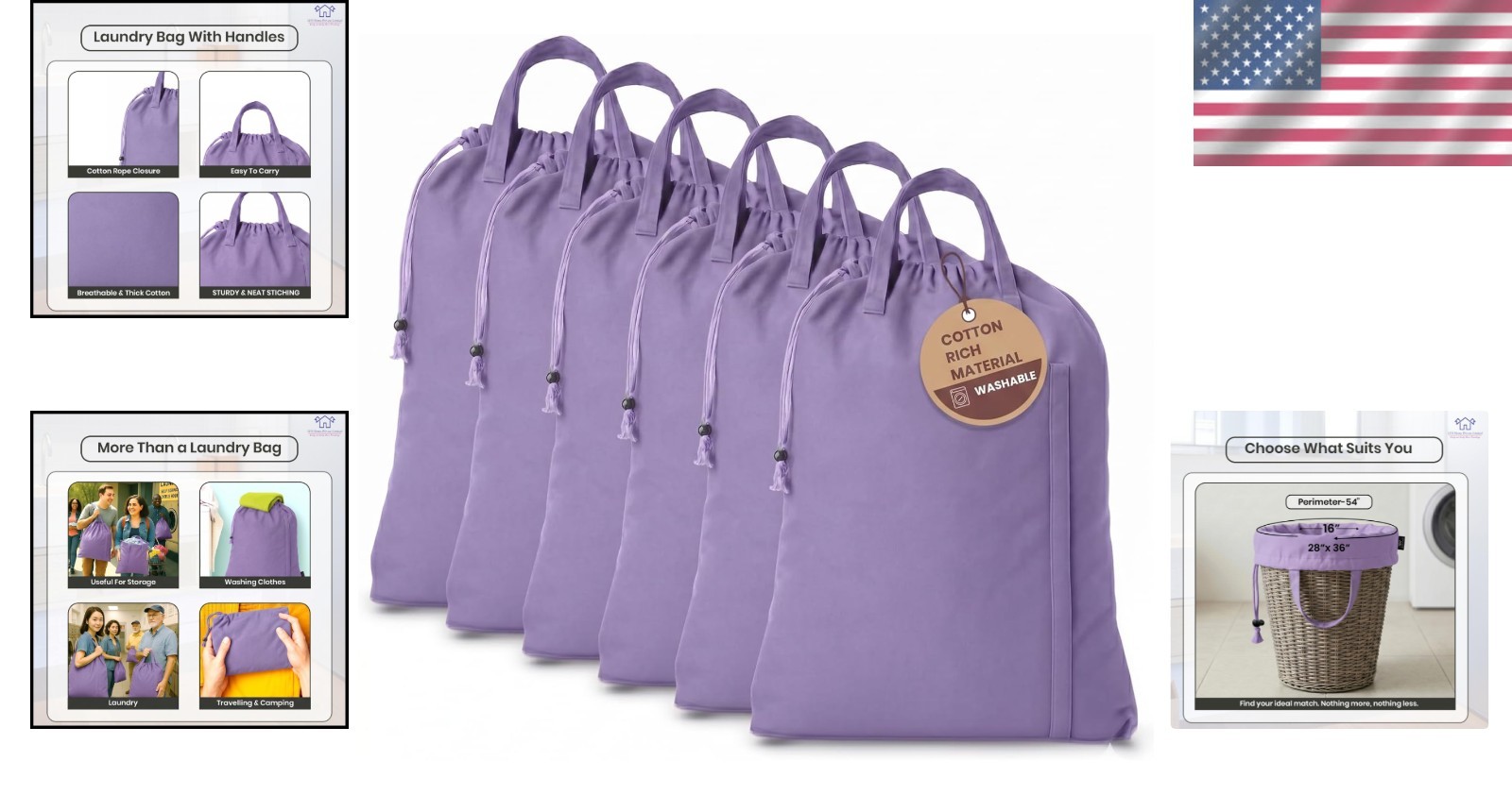 Canvas Laundry Bags 6pk Lavender 28″x36″ Cotton Rich Heavy Duty Washable