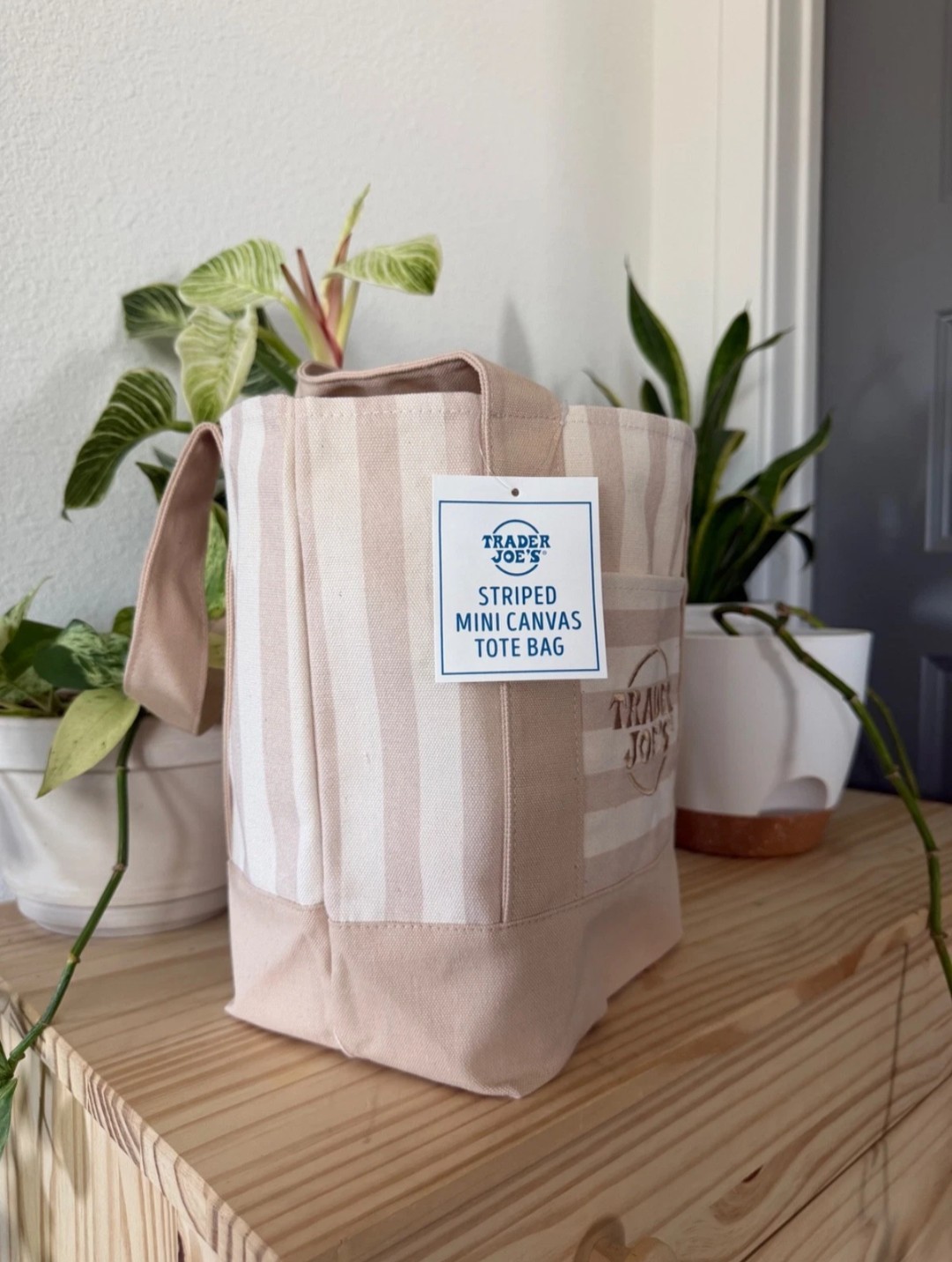 Trader Joe’s Striped Mini Canvas Tote Bag, Beige/Tan/White, Cotton/Polyester