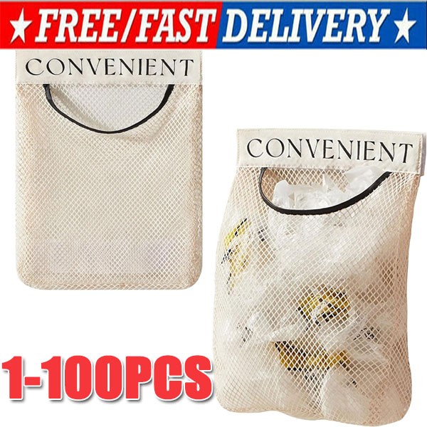 Trash Bag Holder Dispenser Sticky Wall Mount Mesh Convenient Storage Organizer