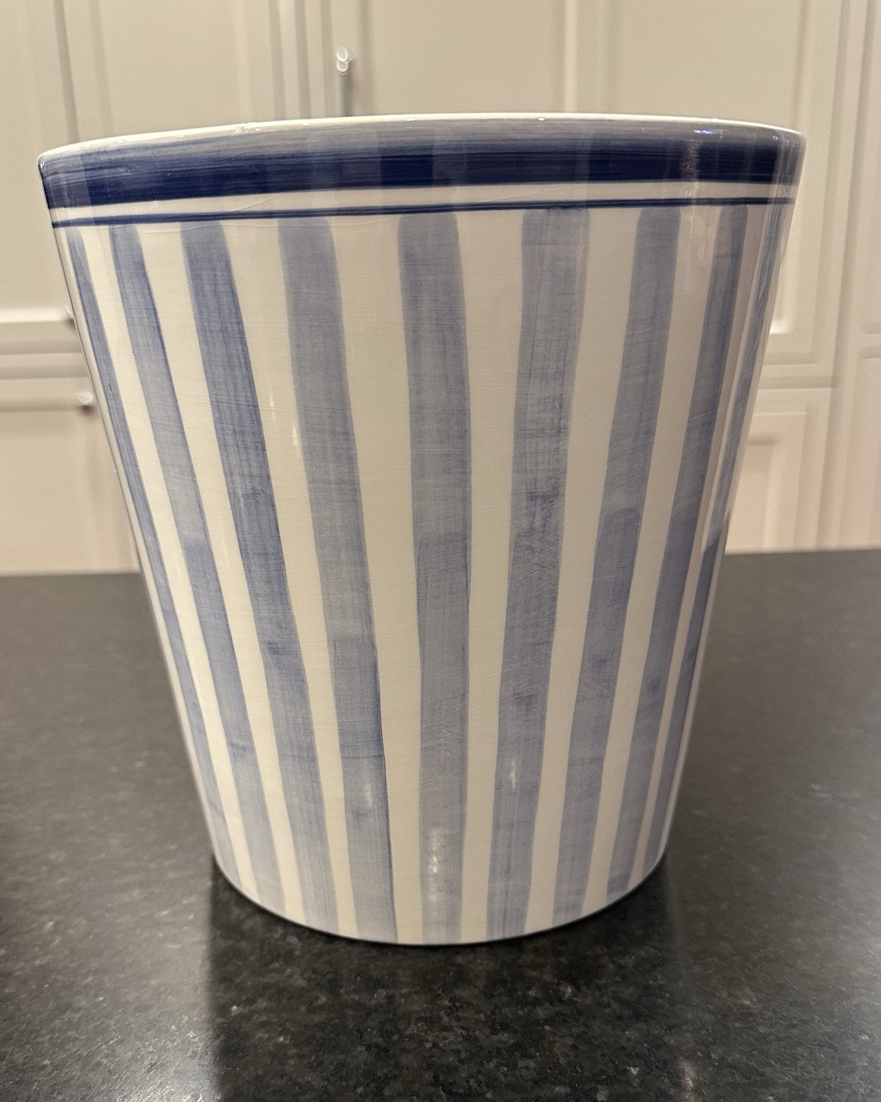 Casafina Blue White Stripe/Striped Waste Basket Trash Can Hand Painted Portugal