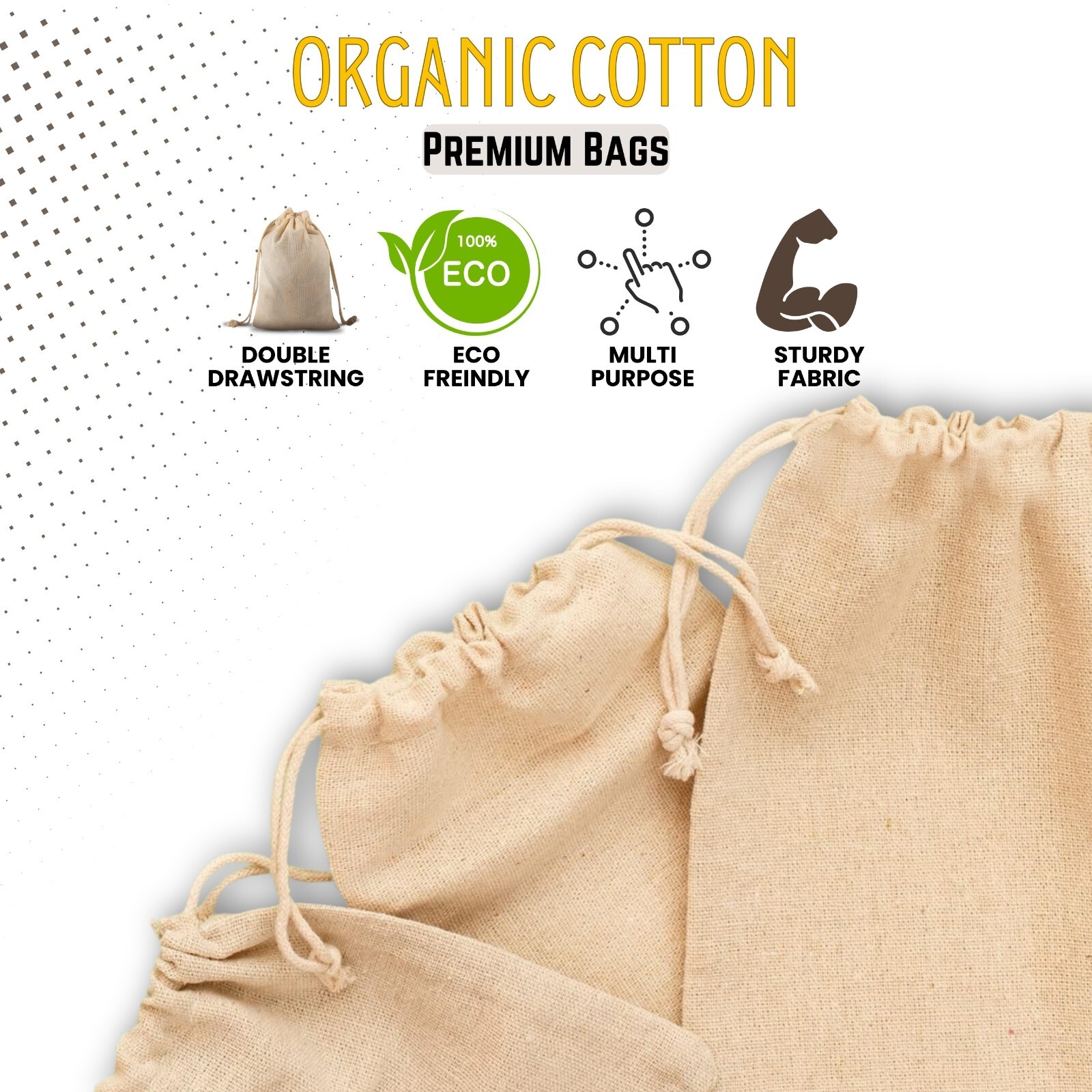 100% Cotton Reusable Produce Muslin Bags – Multipurpose Drawstring Storage Pouch