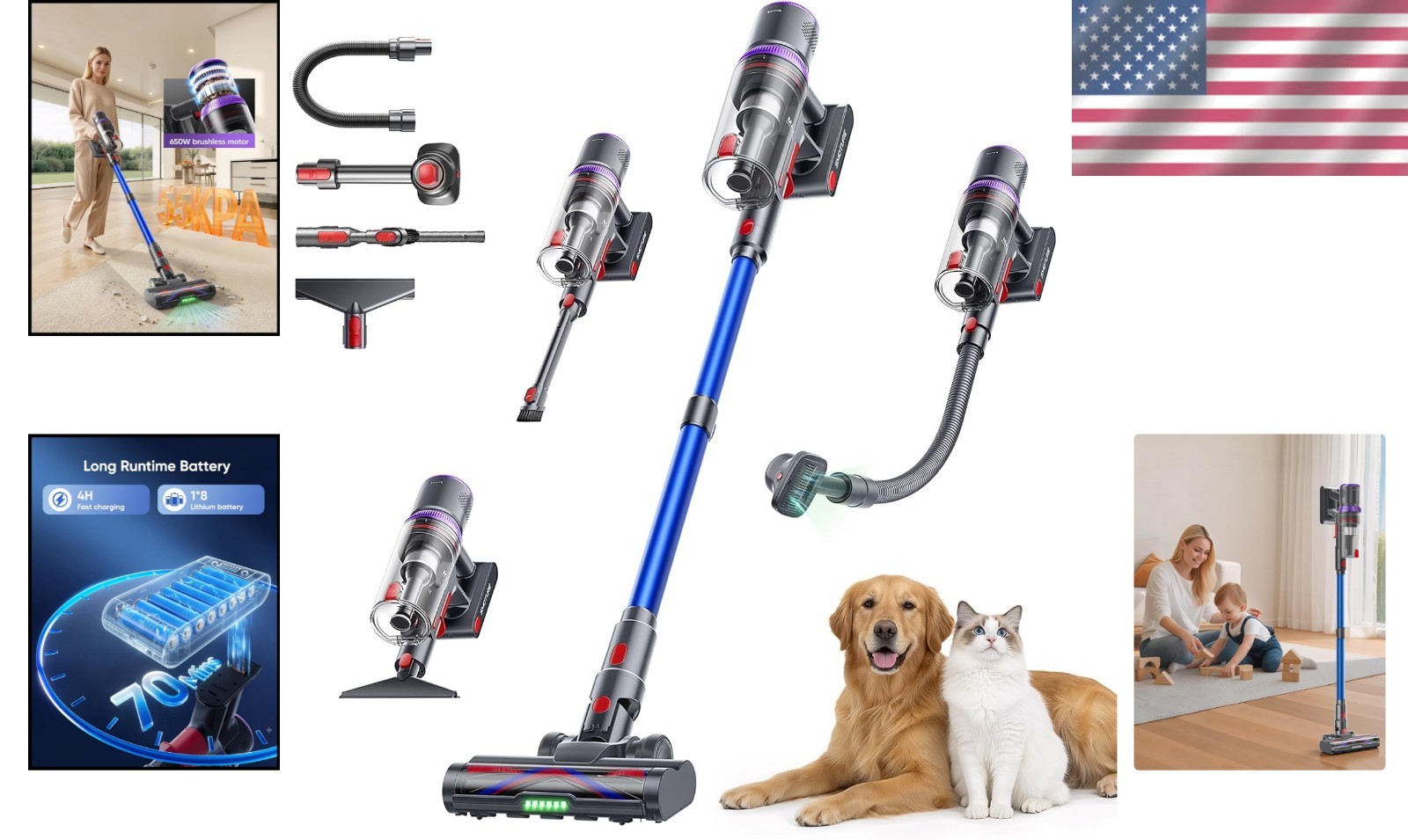 Cordless Vacuum Cleaner 650W 55KPA 70Mins Suction Pet Hair Carpet Floor